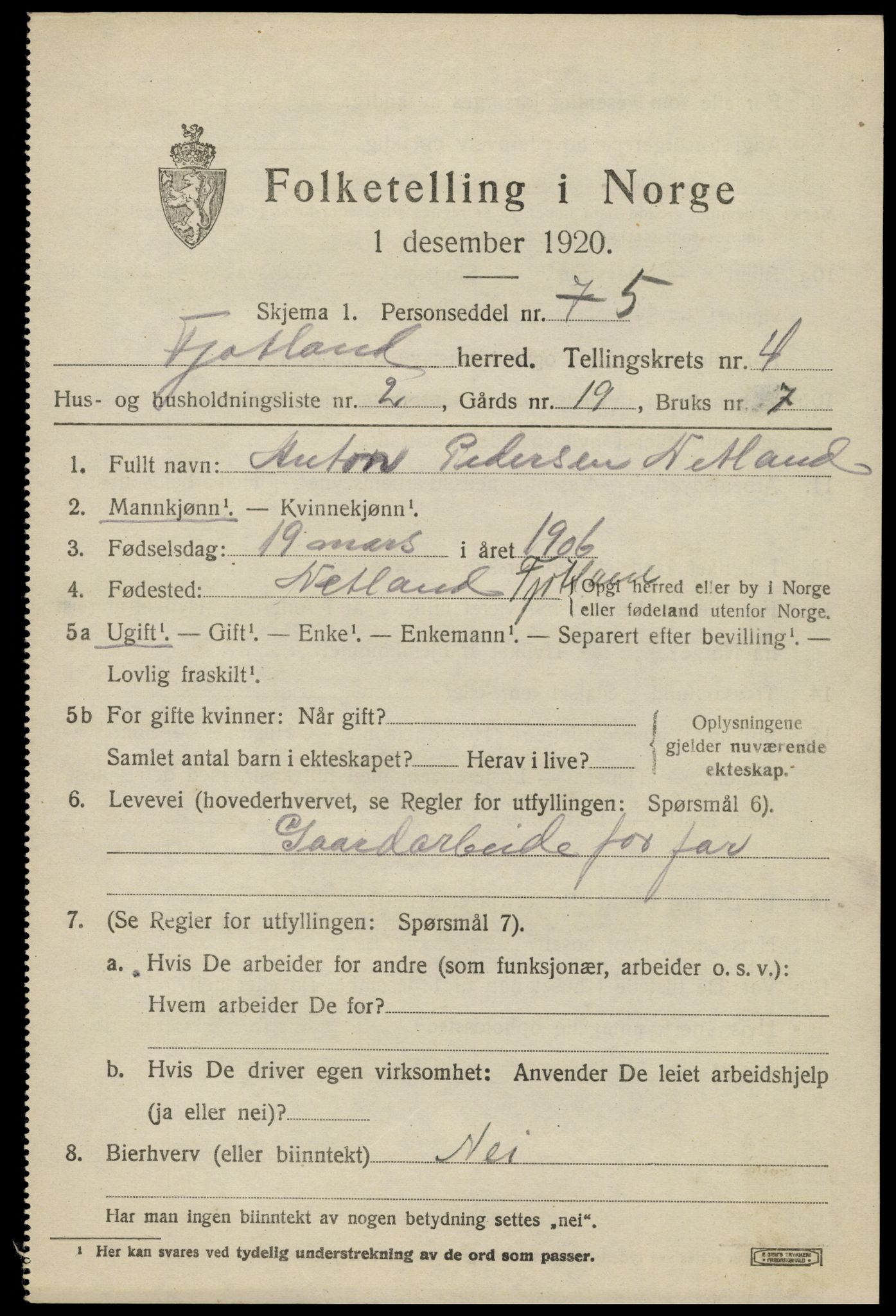 SAK, 1920 census for Fjotland, 1920, p. 1202