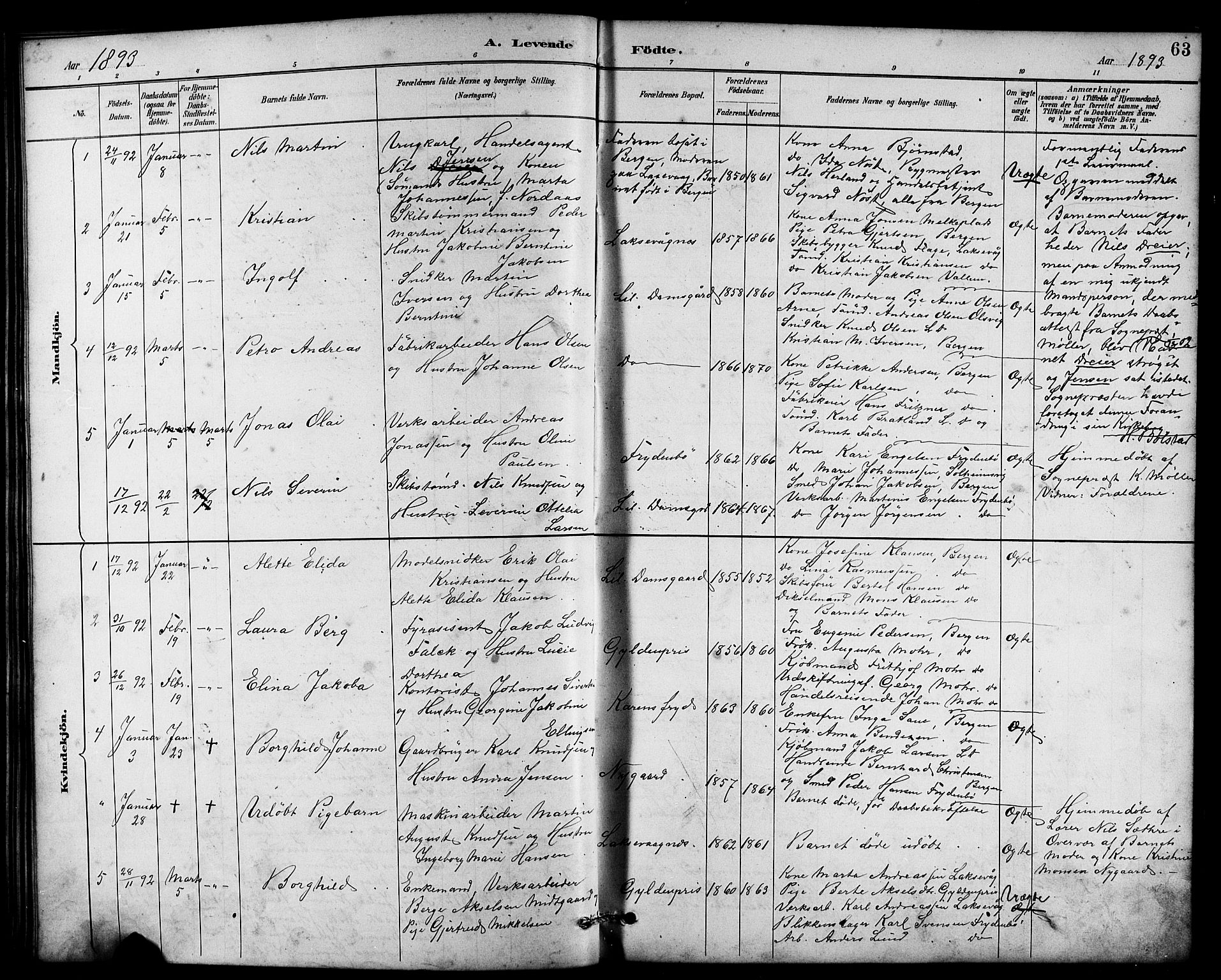 Laksevåg Sokneprestembete, SAB/A-76501/H/Ha/Hab/Haba/L0003: Parish register (copy) no. A 3, 1887-1899, p. 63