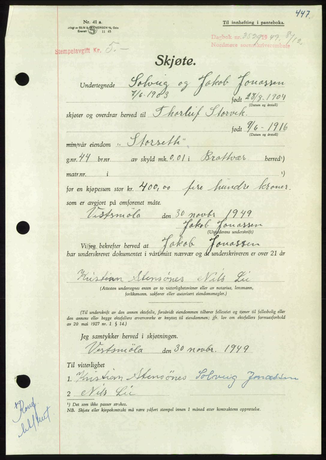 Nordmøre sorenskriveri, AV/SAT-A-4132/1/2/2Ca: Mortgage book no. A113, 1949-1950, Diary no: : 3529/1949