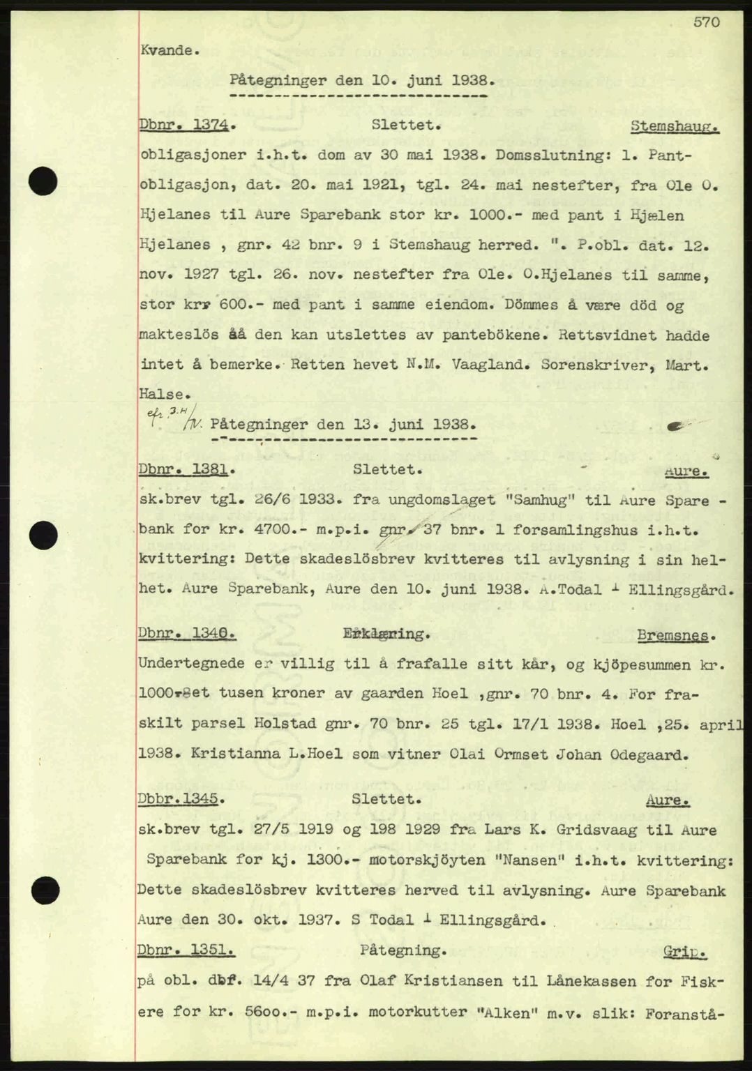 Nordmøre sorenskriveri, AV/SAT-A-4132/1/2/2Ca: Mortgage book no. C80, 1936-1939, Diary no: : 1374/1938