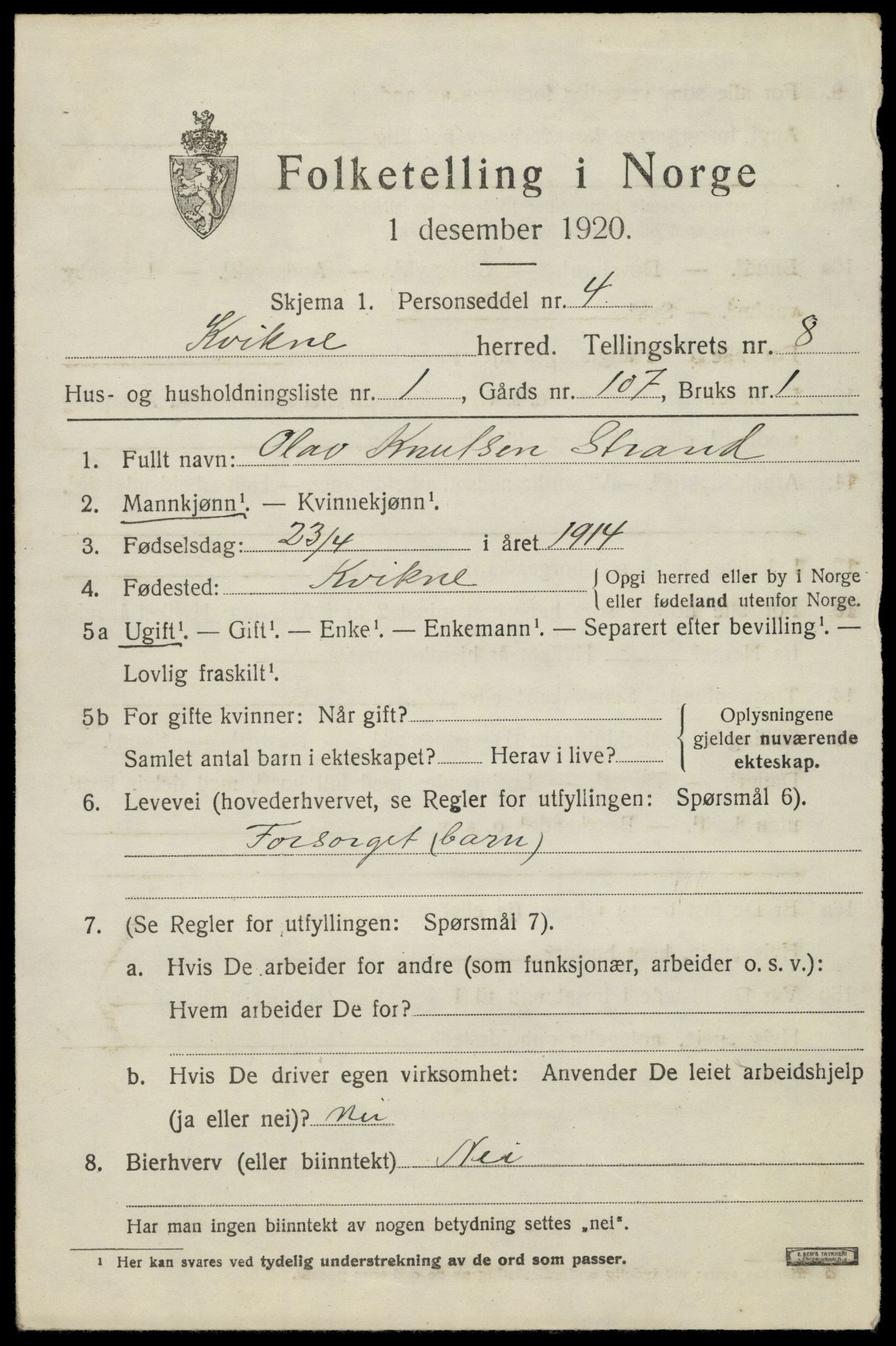 SAH, 1920 census for Kvikne, 1920, p. 3322