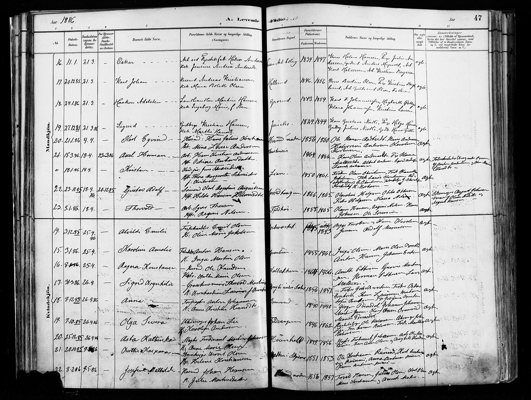 Østre Aker prestekontor Kirkebøker, AV/SAO-A-10840/F/Fa/L0008: Parish register (official) no. I 8, 1883-1894, p. 47