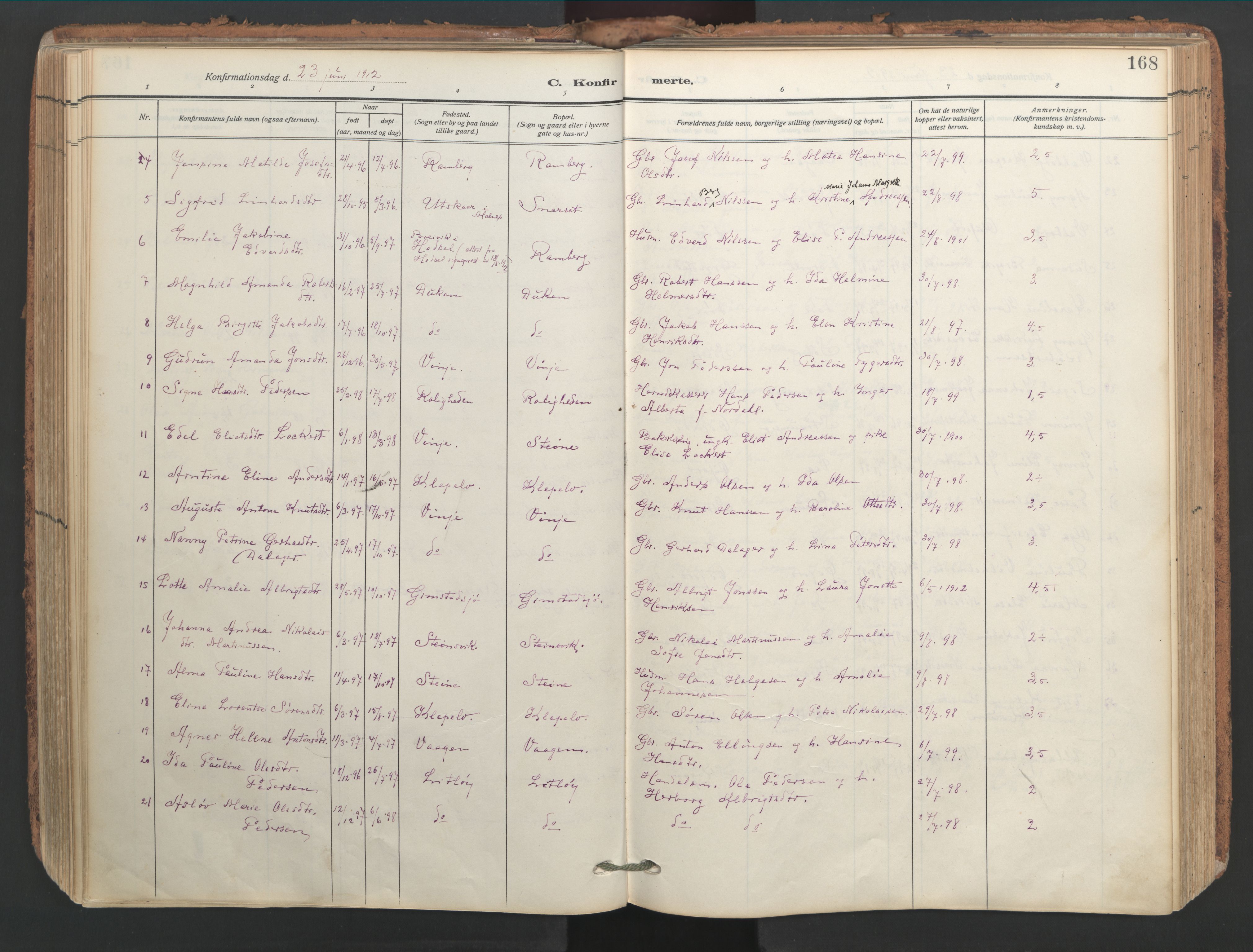Ministerialprotokoller, klokkerbøker og fødselsregistre - Nordland, SAT/A-1459/891/L1306: Parish register (official) no. 891A11, 1911-1927, p. 168
