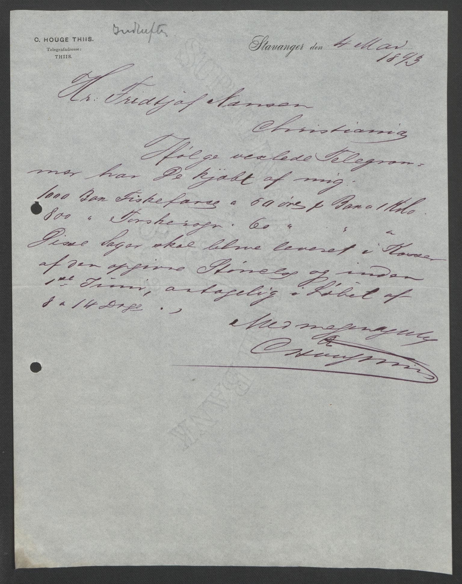 Arbeidskomitéen for Fridtjof Nansens polarekspedisjon, AV/RA-PA-0061/D/L0004: Innk. brev og telegrammer vedr. proviant og utrustning, 1892-1893, p. 808