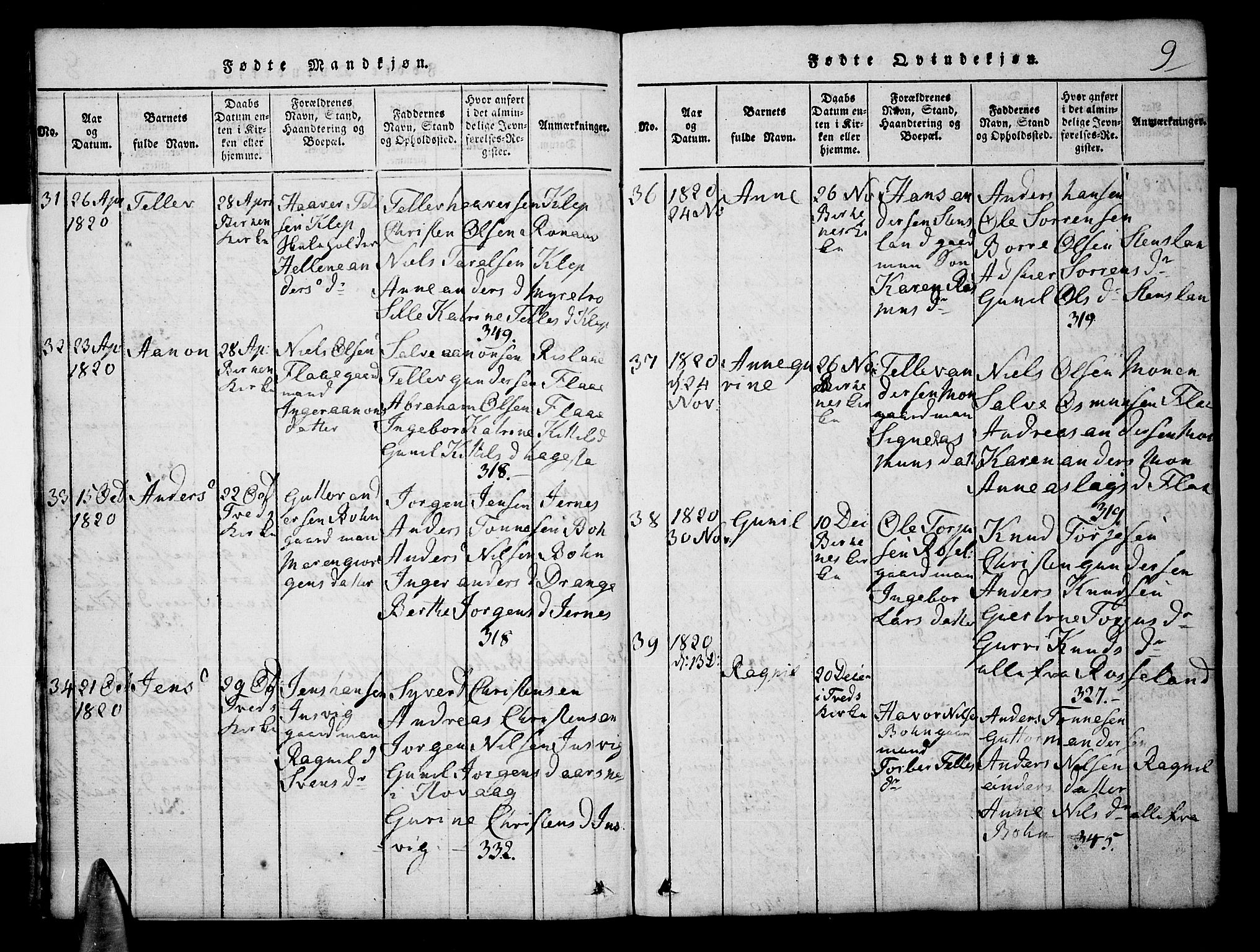 Tveit sokneprestkontor, AV/SAK-1111-0043/F/Fb/L0001: Parish register (copy) no. B 1, 1820-1834, p. 9