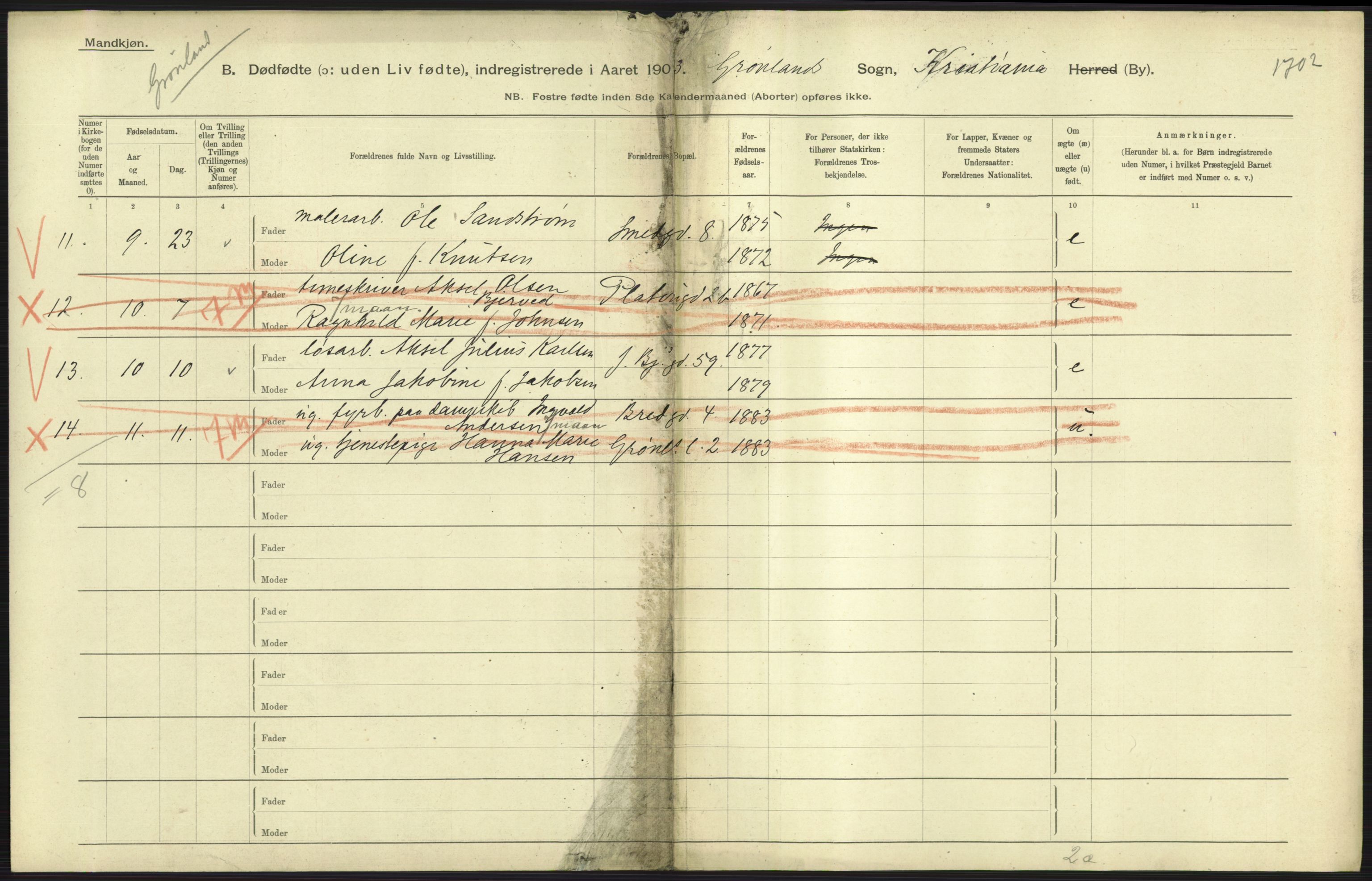 Statistisk sentralbyrå, Sosiodemografiske emner, Befolkning, AV/RA-S-2228/D/Df/Dfa/Dfaa/L0026: Smålenenes - Finnmarkens amt: Dødfødte. Byer., 1903, p. 47