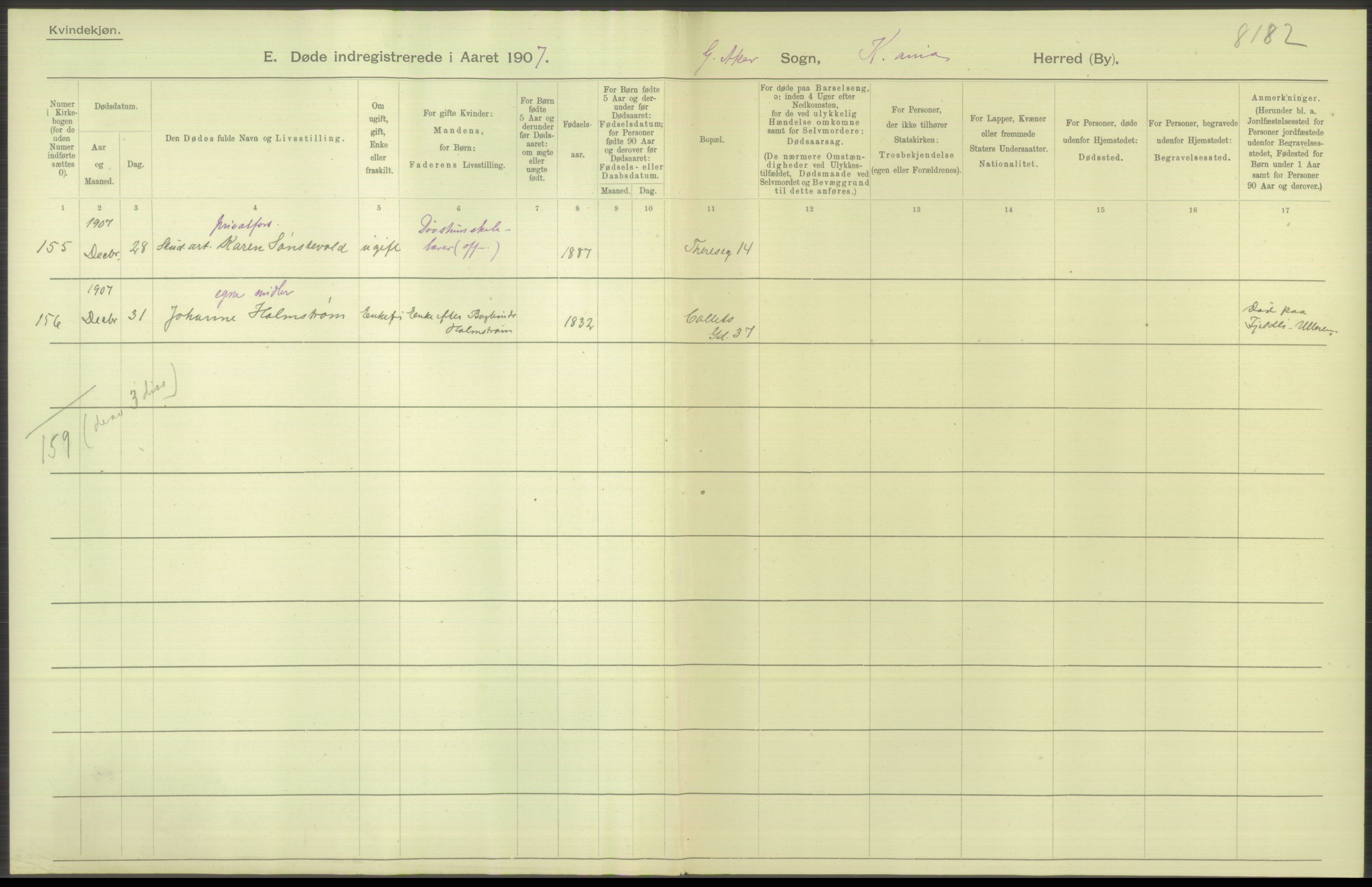 Statistisk sentralbyrå, Sosiodemografiske emner, Befolkning, RA/S-2228/D/Df/Dfa/Dfae/L0009: Kristiania: Døde, 1907, p. 220