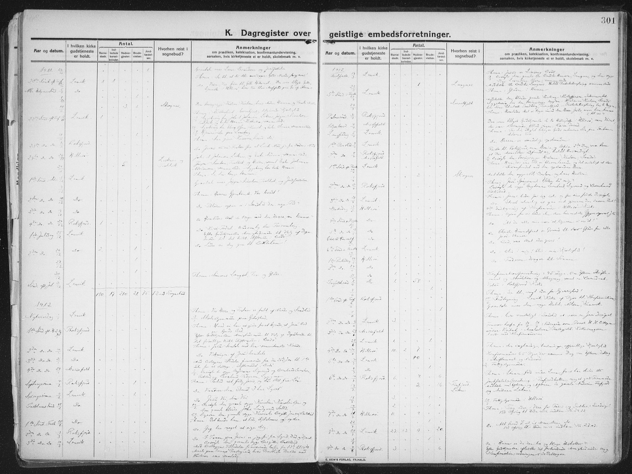 Lenvik sokneprestembete, AV/SATØ-S-1310/H/Ha/Haa/L0016kirke: Parish register (official) no. 16, 1910-1924, p. 301