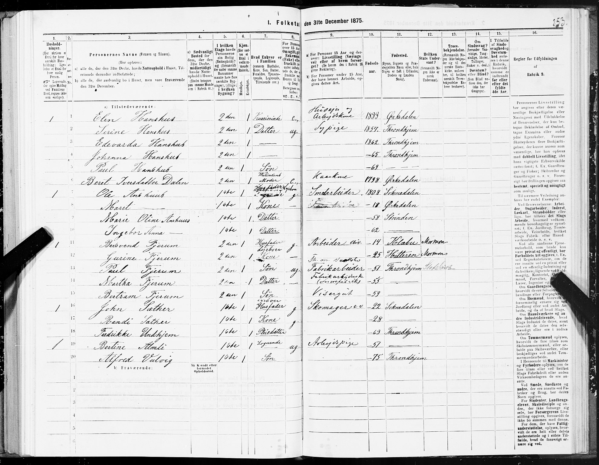 SAT, 1875 census for 1601 Trondheim, 1875, p. 10253