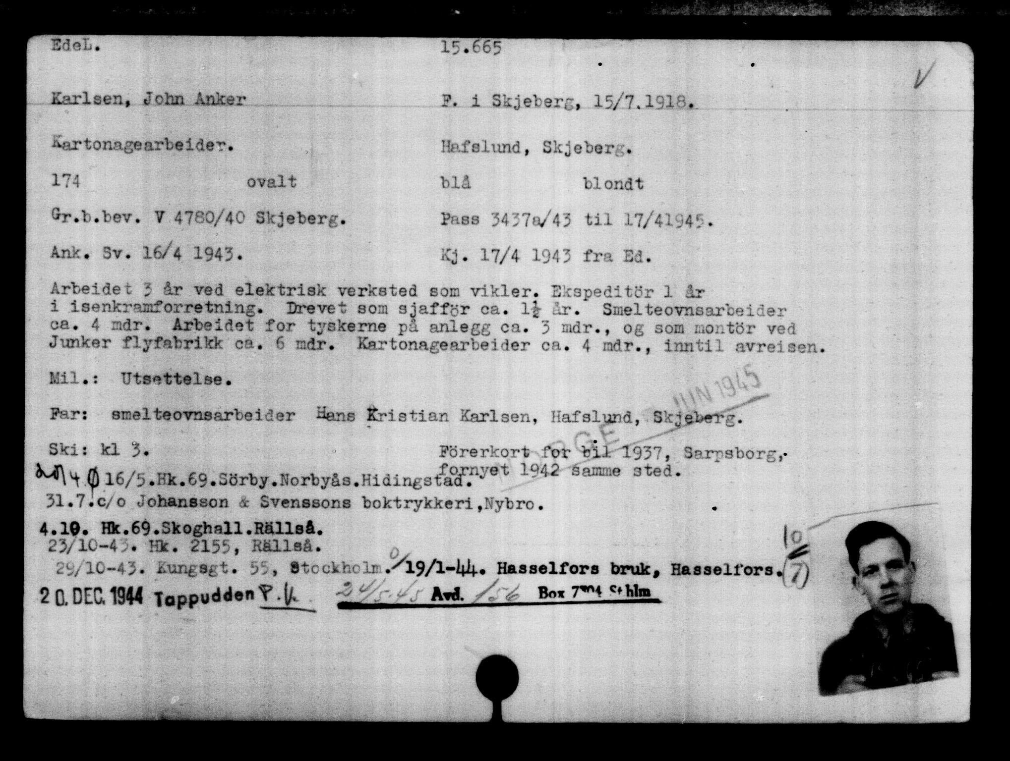 Utenriksstasjonene, Legasjonen i Stockholm, Flyktningkontoret, AV/RA-S-6753/V/Va/L0007: Kjesäterkartoteket, flyktninger med registreringsnr. 12700-15723, 1940-1945, p. 3396