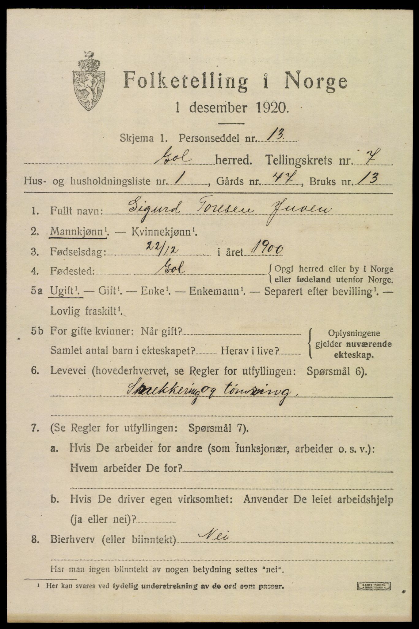 SAKO, 1920 census for Gol, 1920, p. 5474