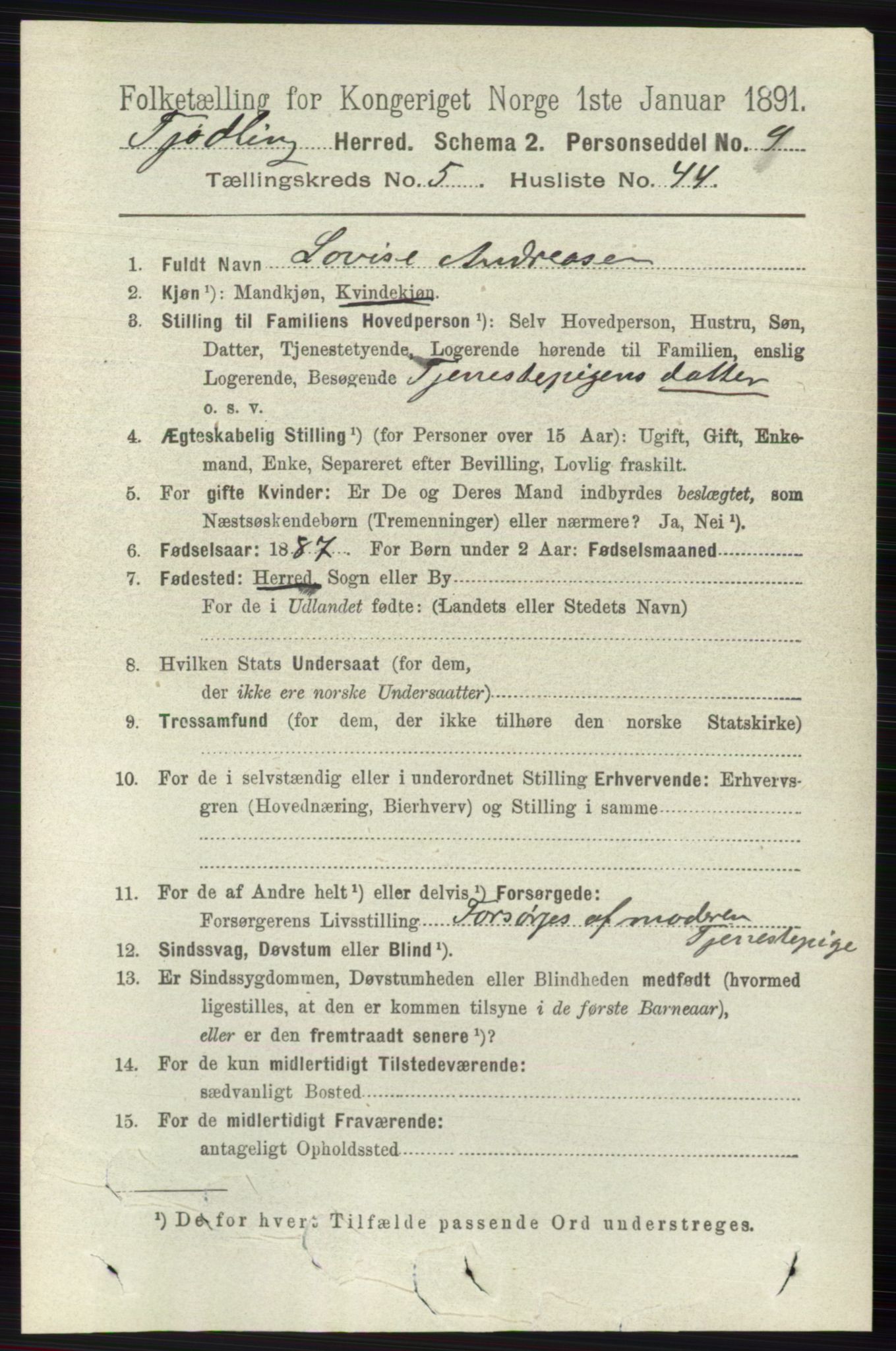 RA, 1891 census for 0725 Tjølling, 1891, p. 2263
