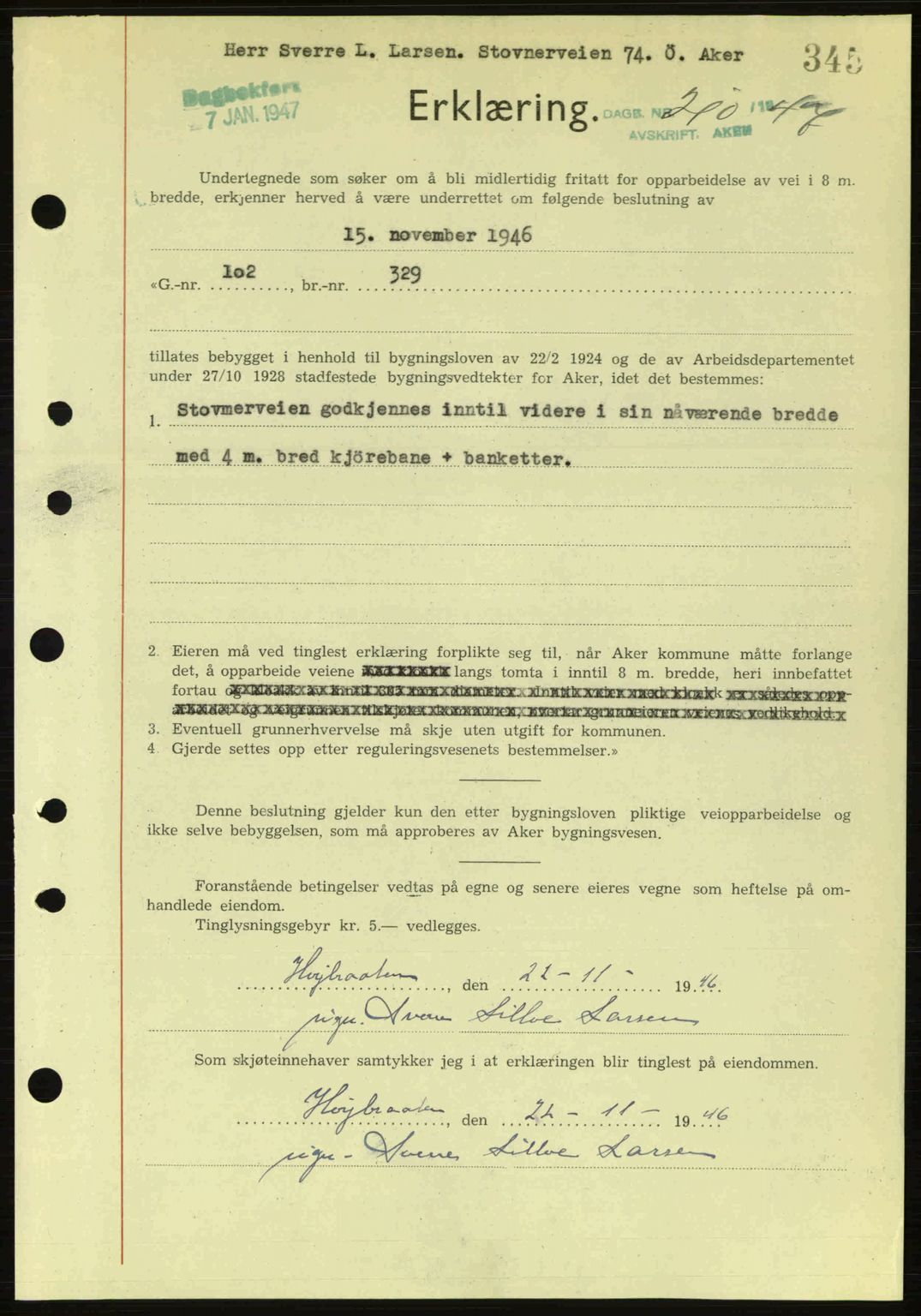 Aker herredsskriveri, AV/SAO-A-10896/G/Gb/Gba/Gbab/L0073: Mortgage book no. A192-193, 1946-1947, Diary no: : 210/1947