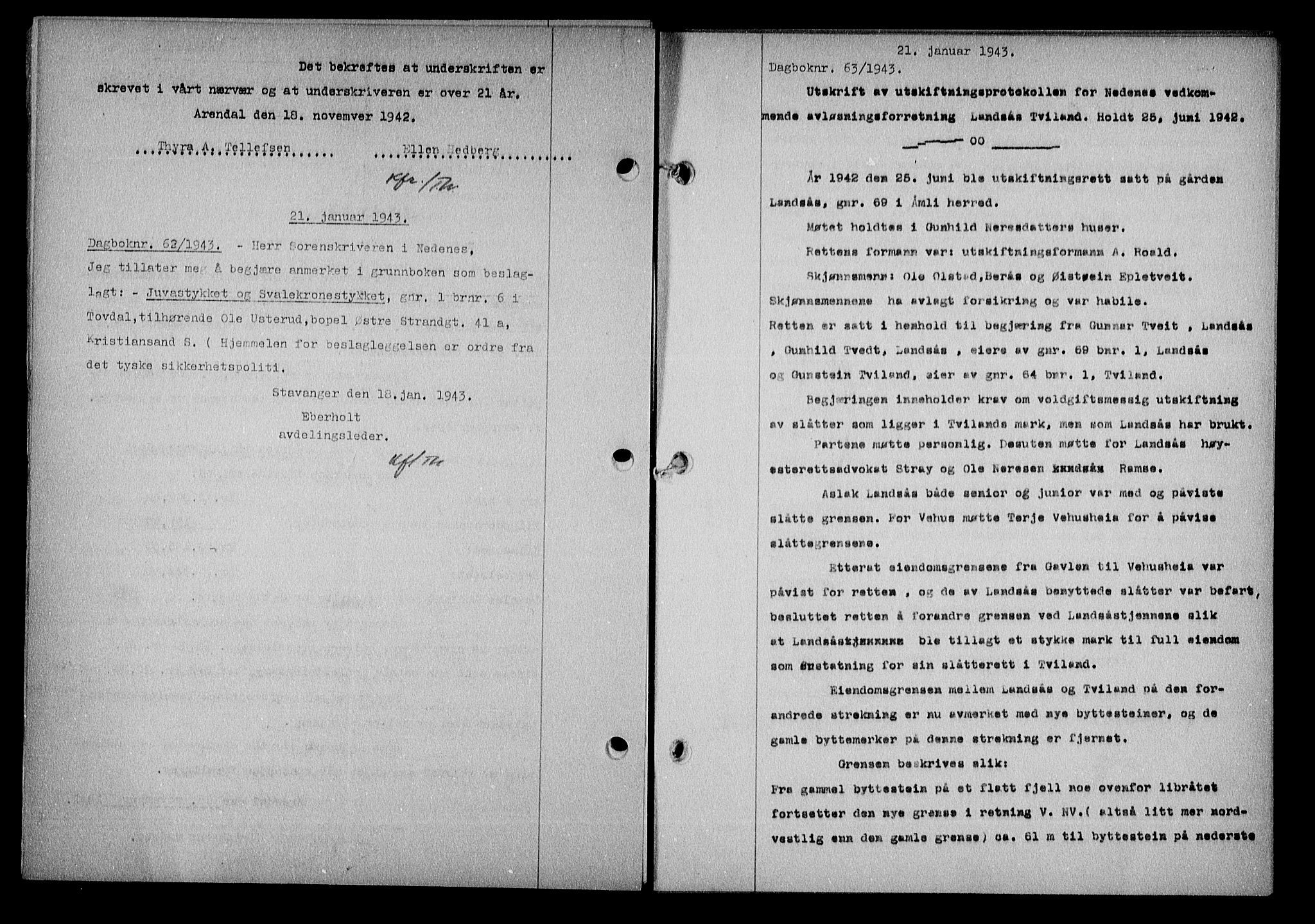 Nedenes sorenskriveri, SAK/1221-0006/G/Gb/Gba/L0050: Mortgage book no. A-IV, 1942-1943, Diary no: : 63/1943