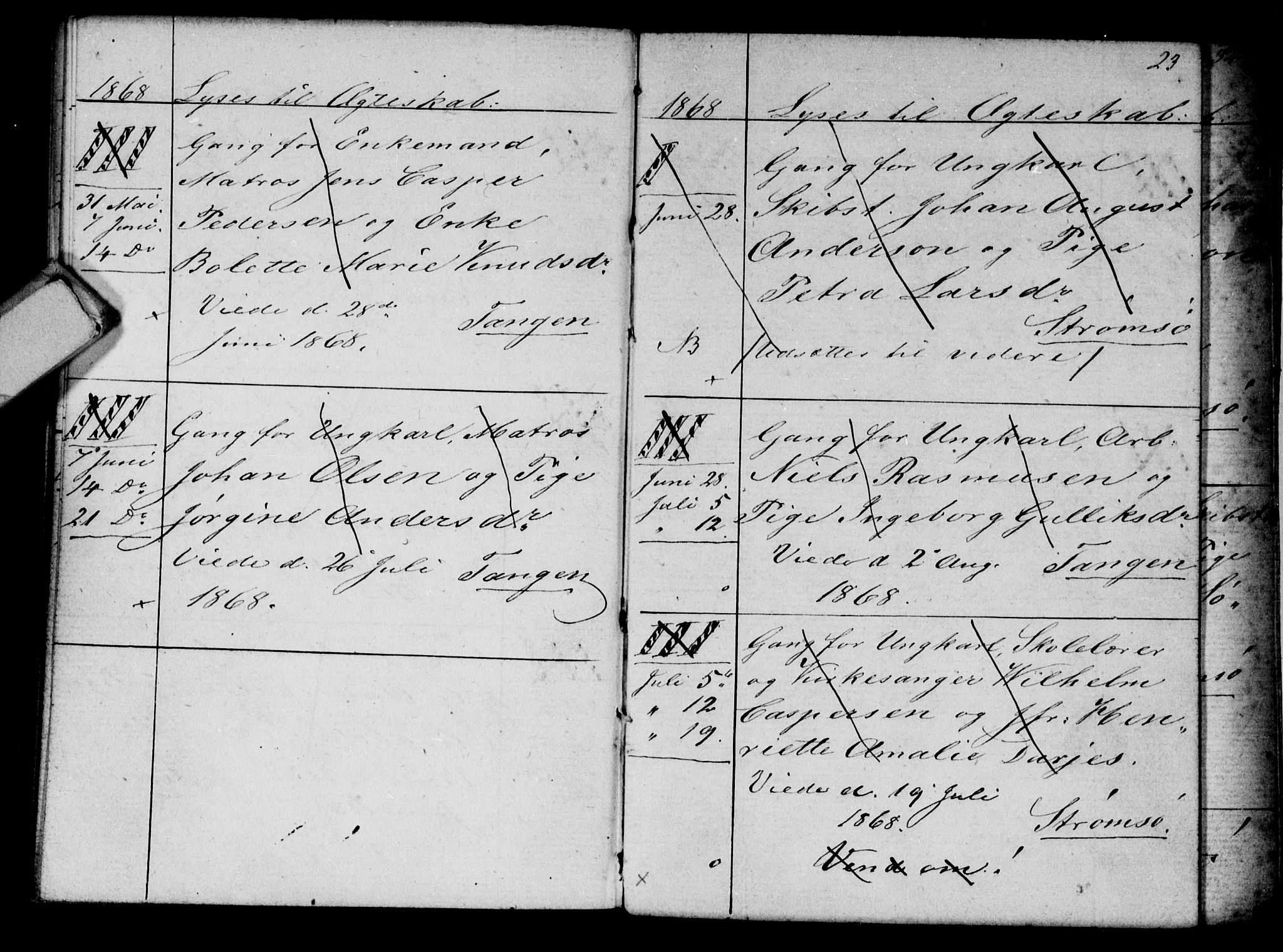 Strømsø kirkebøker, AV/SAKO-A-246/H/Ha/L0003: Banns register no. 3, 1866-1874, p. 23