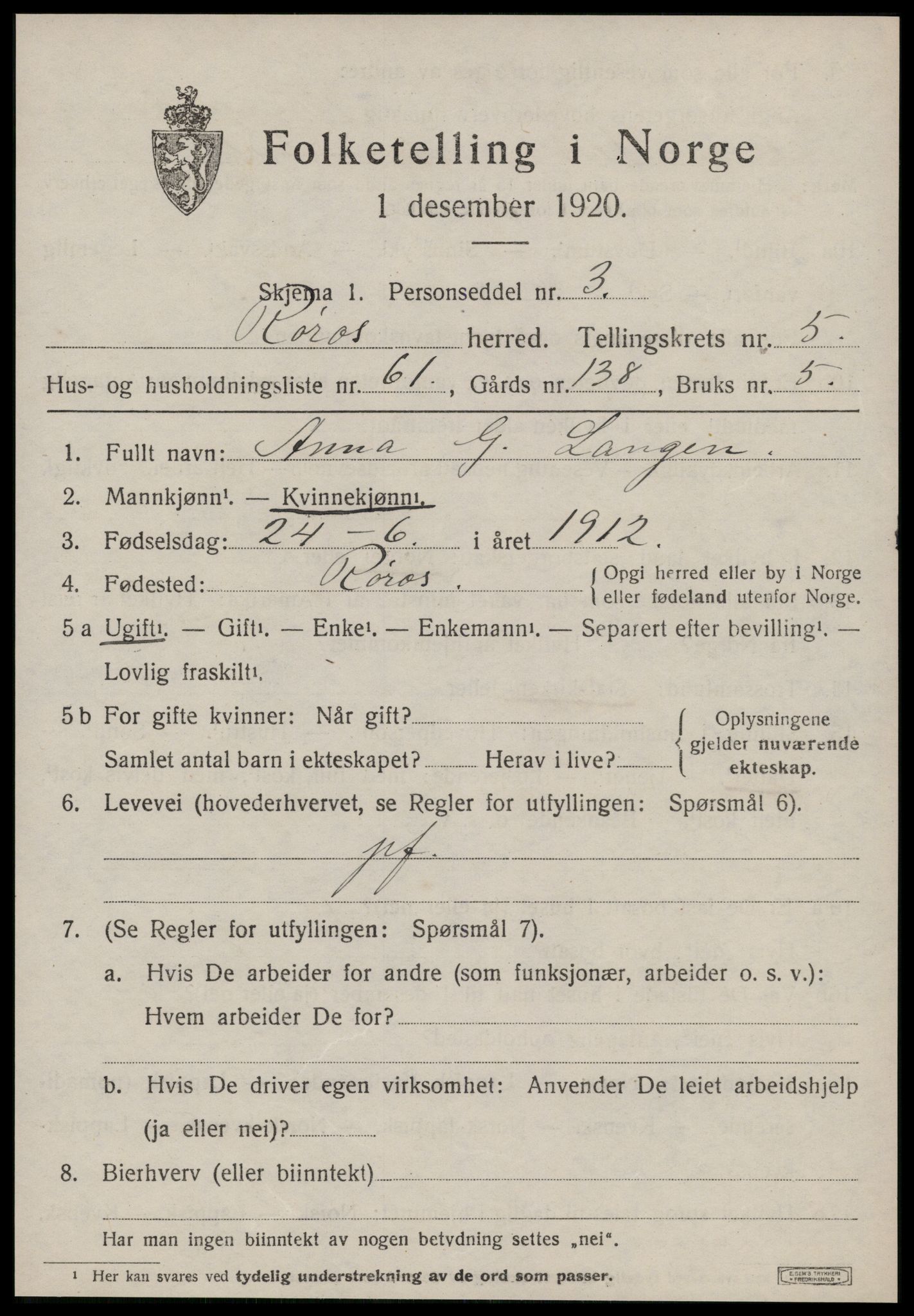 SAT, 1920 census for Røros, 1920, p. 6146
