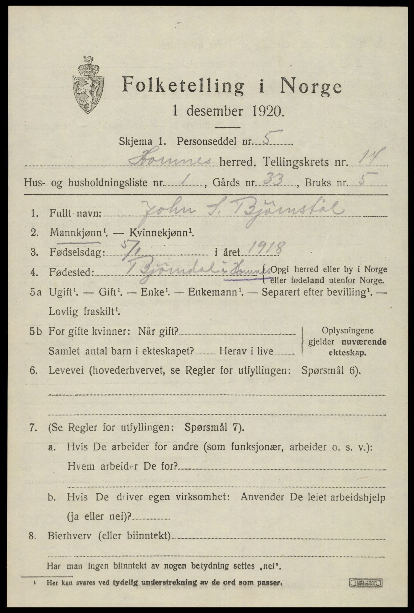 SAK, 1920 census for Hornnes, 1920, p. 3259