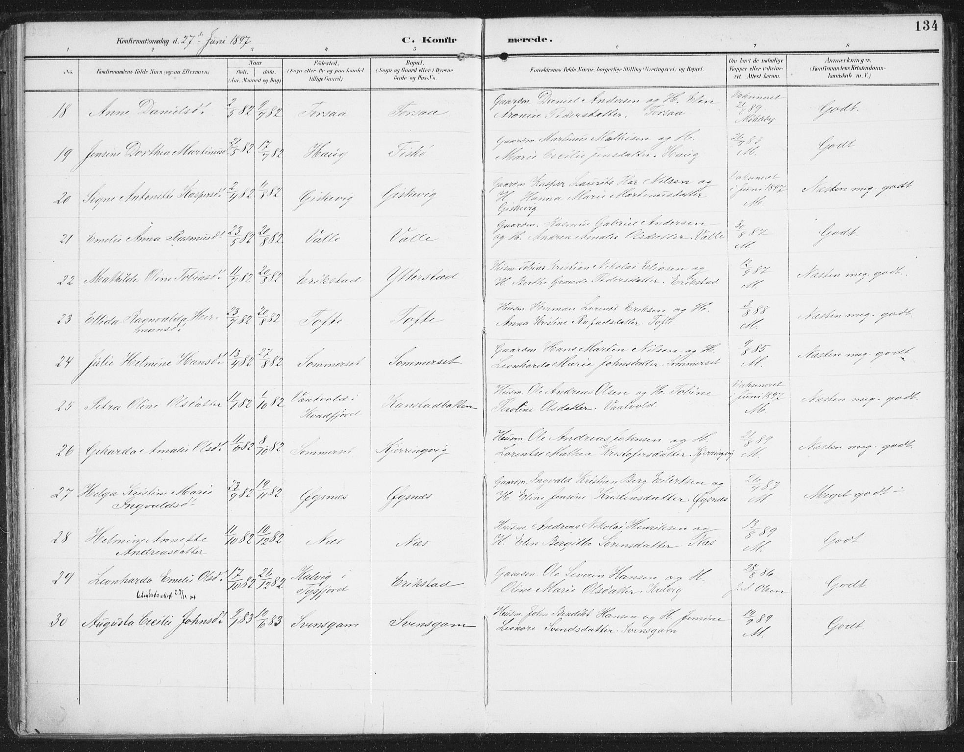 Ministerialprotokoller, klokkerbøker og fødselsregistre - Nordland, AV/SAT-A-1459/872/L1036: Parish register (official) no. 872A11, 1897-1913, p. 134