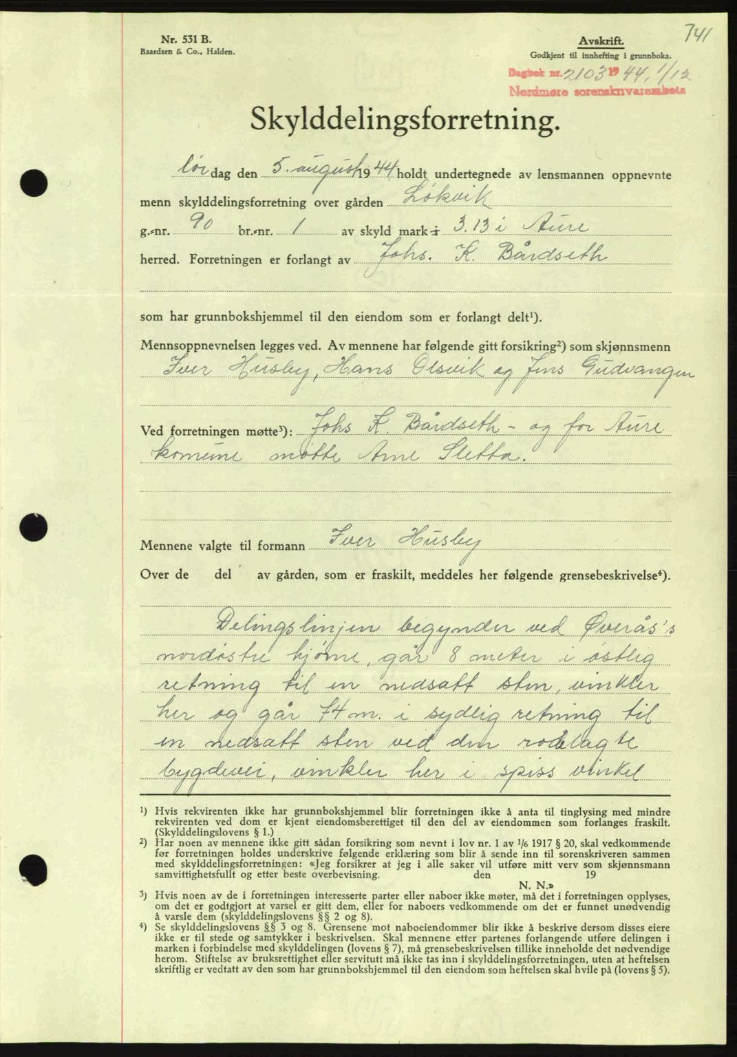 Nordmøre sorenskriveri, AV/SAT-A-4132/1/2/2Ca: Mortgage book no. A98, 1944-1944, Diary no: : 2103/1944