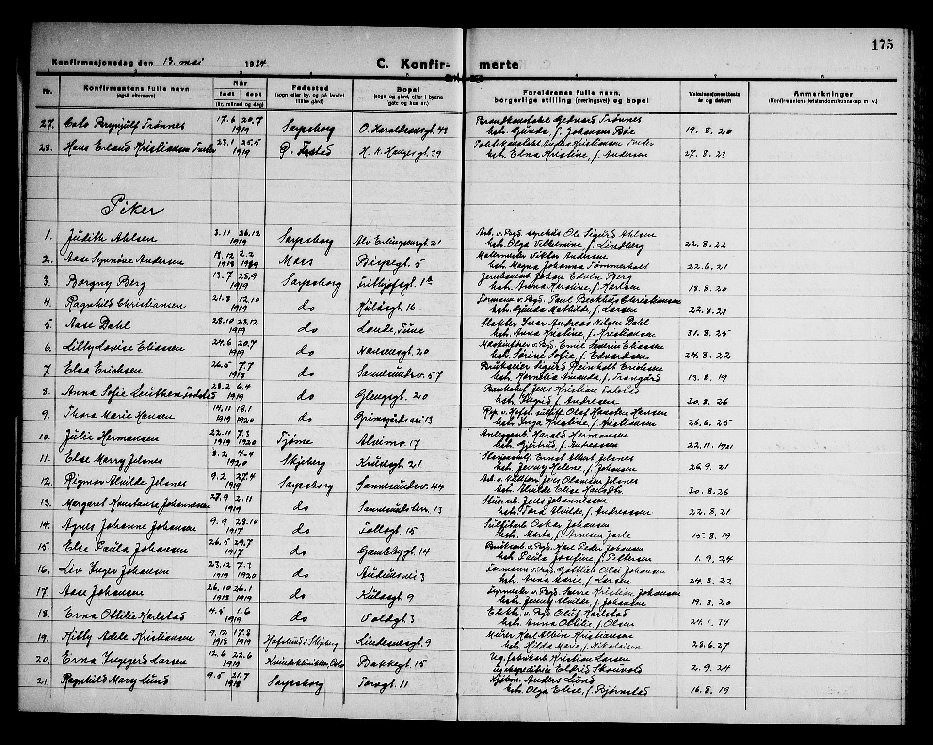 Sarpsborg prestekontor Kirkebøker, AV/SAO-A-2006/G/Ga/L0005: Parish register (copy) no. 5, 1932-1950, p. 175