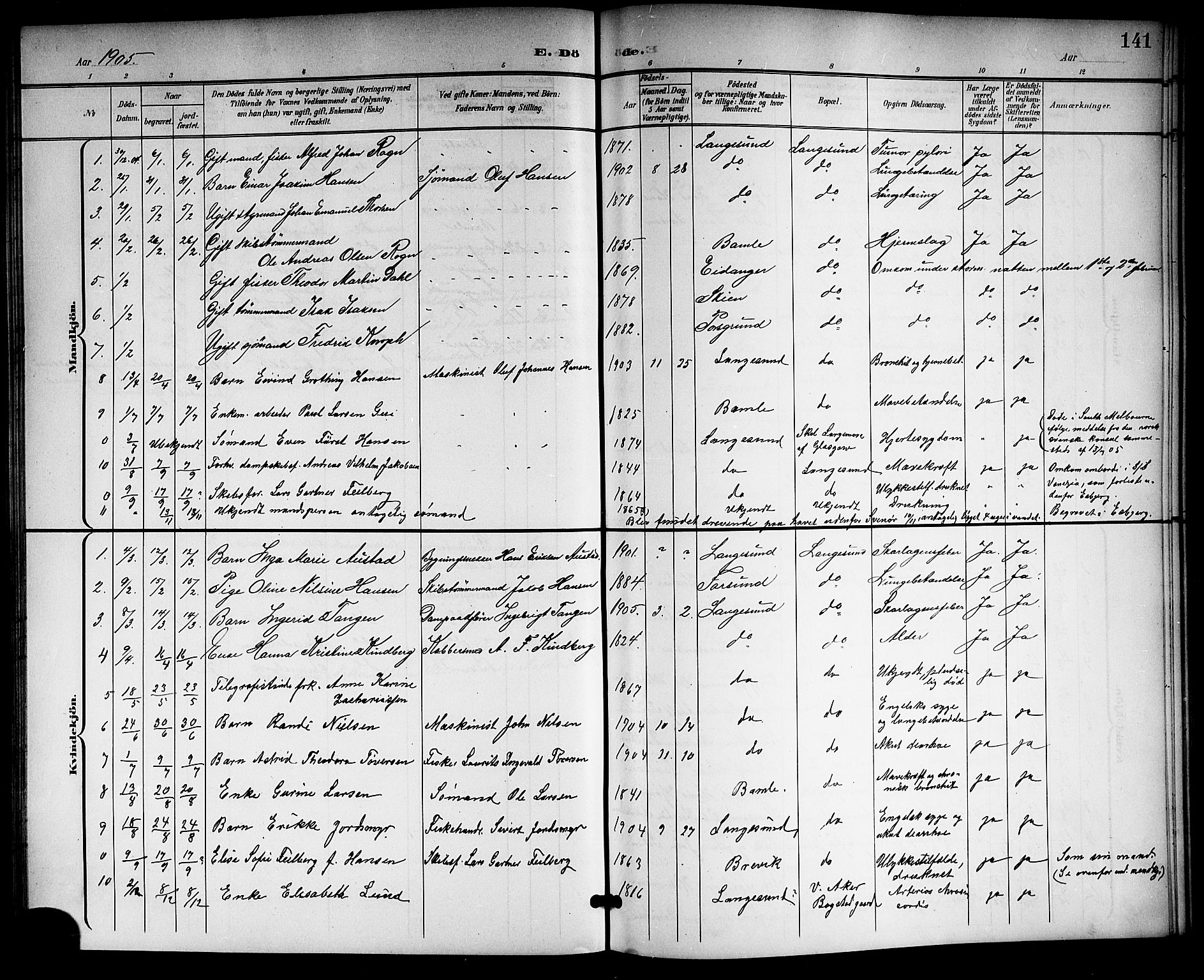 Langesund kirkebøker, SAKO/A-280/G/Ga/L0006: Parish register (copy) no. 6, 1899-1918, p. 141