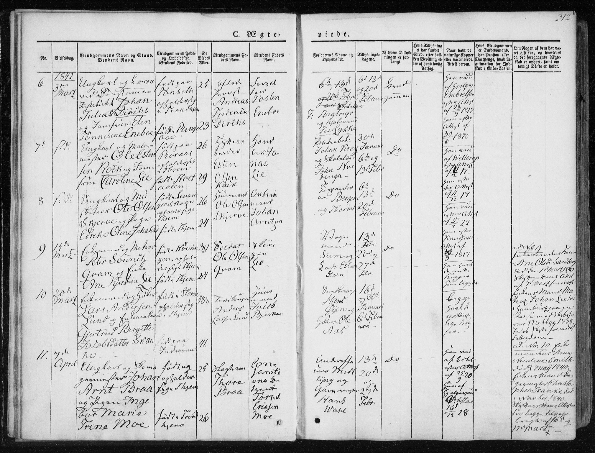 Ministerialprotokoller, klokkerbøker og fødselsregistre - Sør-Trøndelag, SAT/A-1456/601/L0049: Parish register (official) no. 601A17, 1839-1847, p. 312