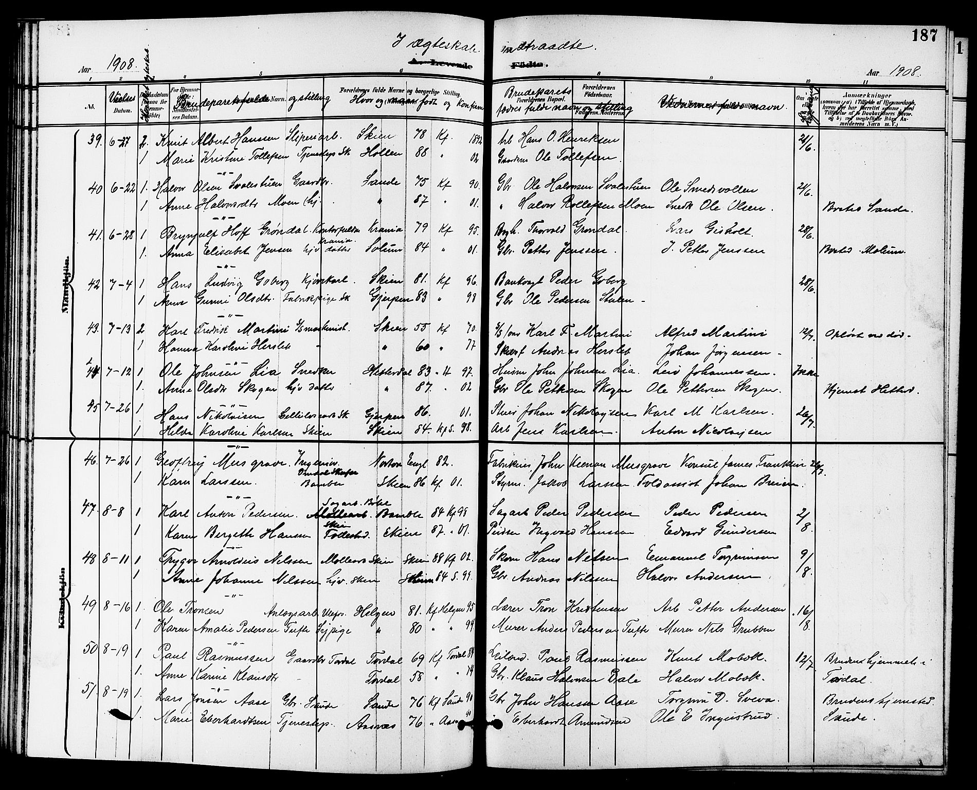 Skien kirkebøker, SAKO/A-302/G/Ga/L0008: Parish register (copy) no. 8, 1900-1910, p. 187