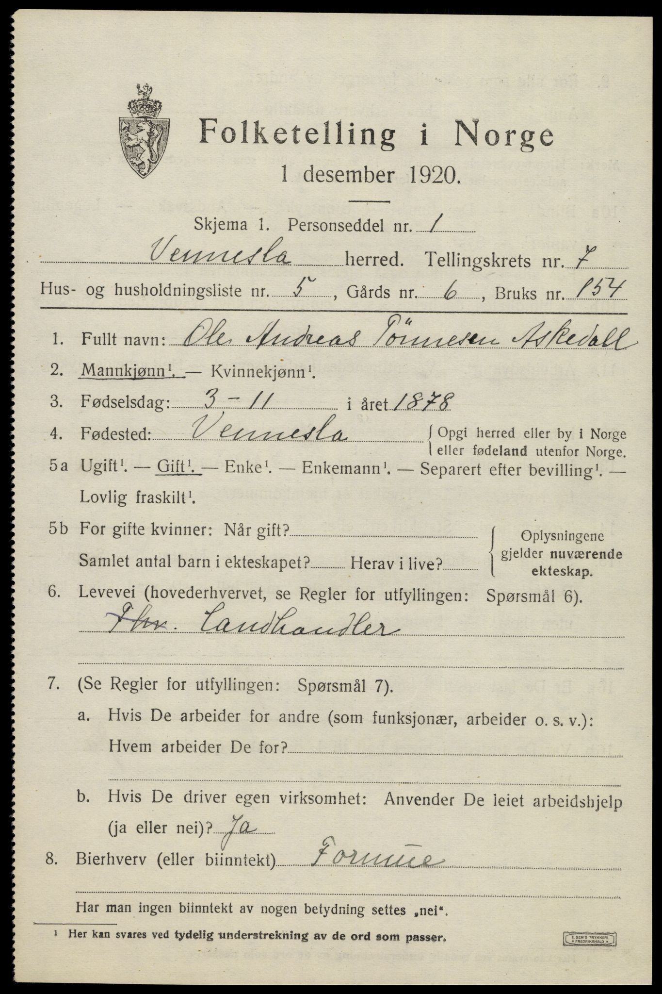 SAK, 1920 census for Vennesla, 1920, p. 4796