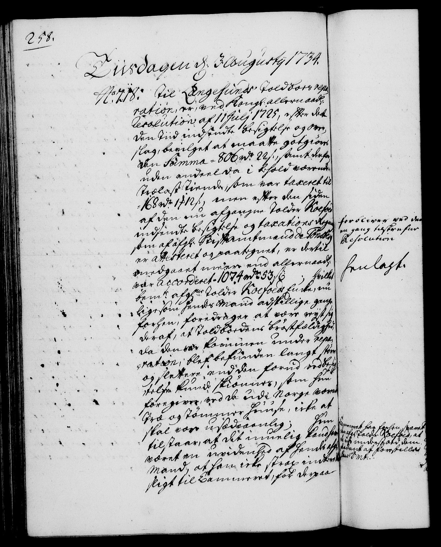 Rentekammeret, Kammerkanselliet, RA/EA-3111/G/Gh/Gha/L0016: Norsk ekstraktmemorialprotokoll (merket RK 53.61), 1734-1735, p. 258