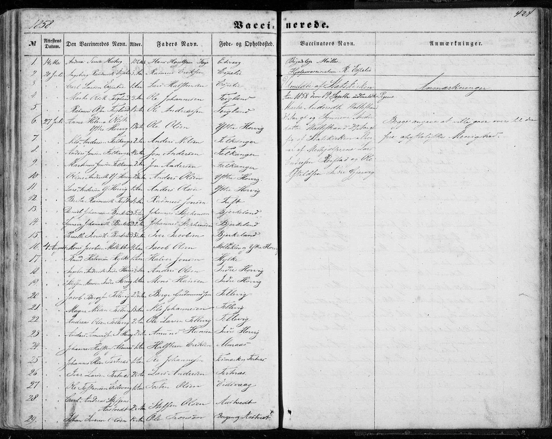 Hamre sokneprestembete, SAB/A-75501/H/Ha/Haa/Haaa/L0014: Parish register (official) no. A 14, 1858-1872, p. 424