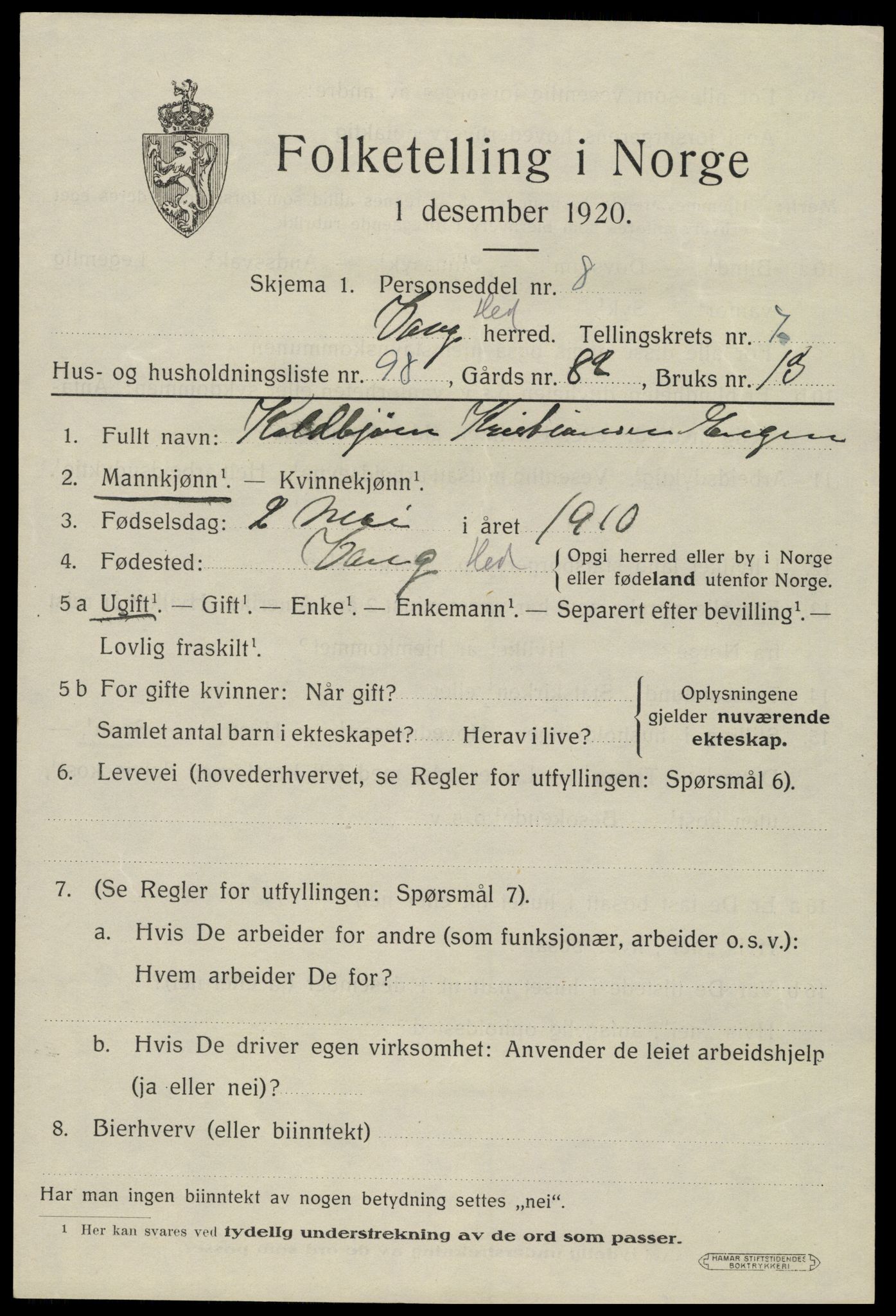 SAH, 1920 census for Vang (Hedmark), 1920, p. 17017