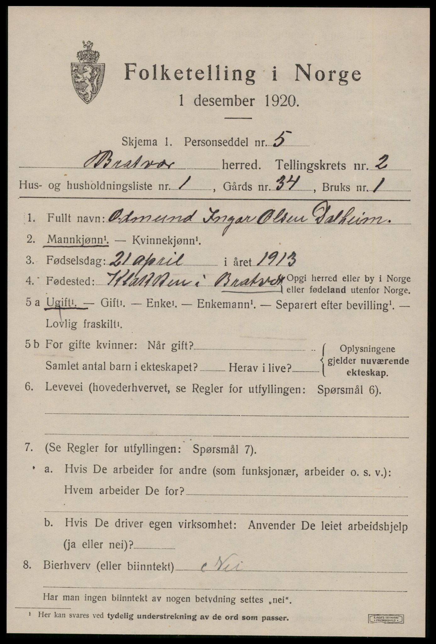 SAT, 1920 census for Brattvær, 1920, p. 792