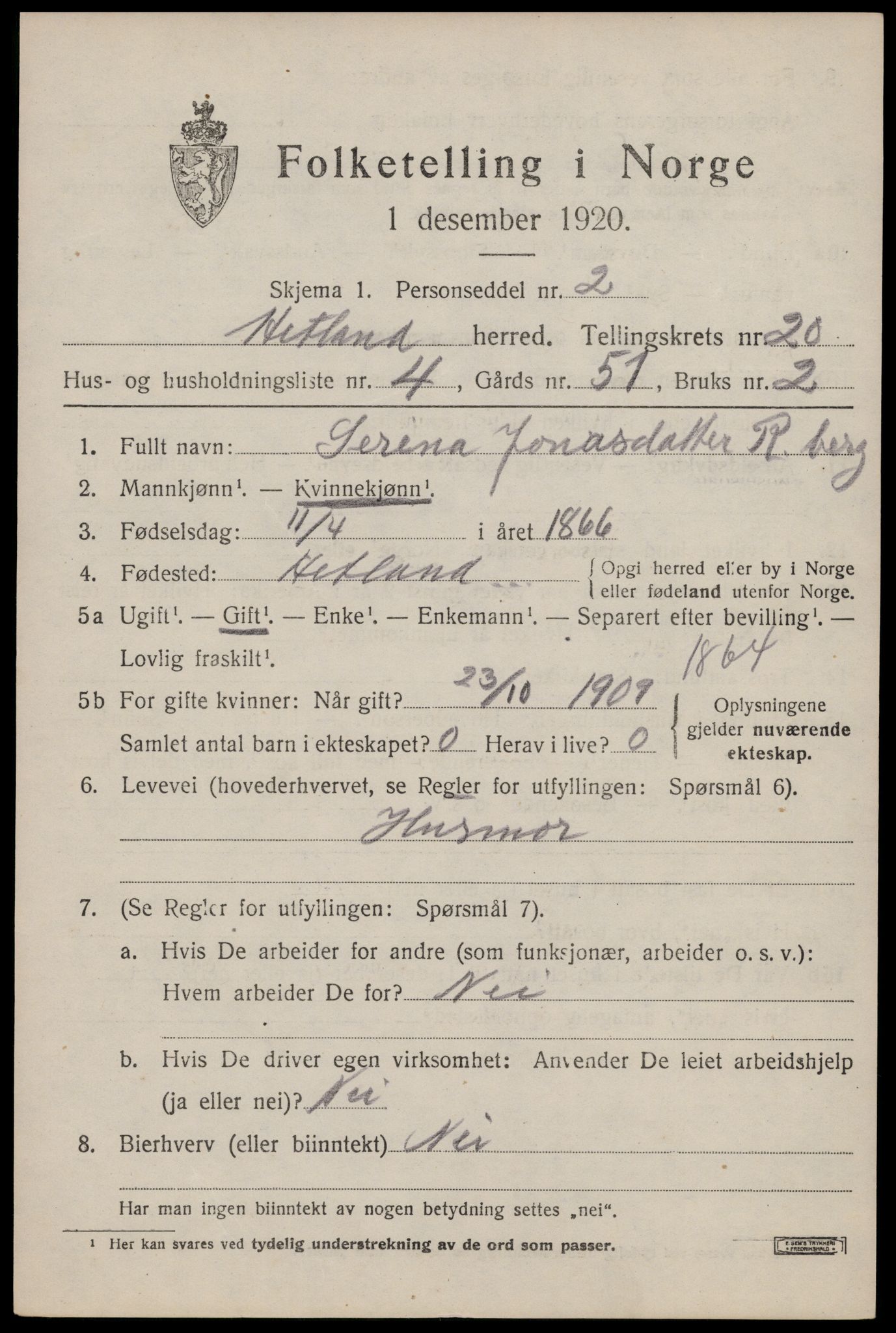 SAST, 1920 census for Hetland, 1920, p. 26489