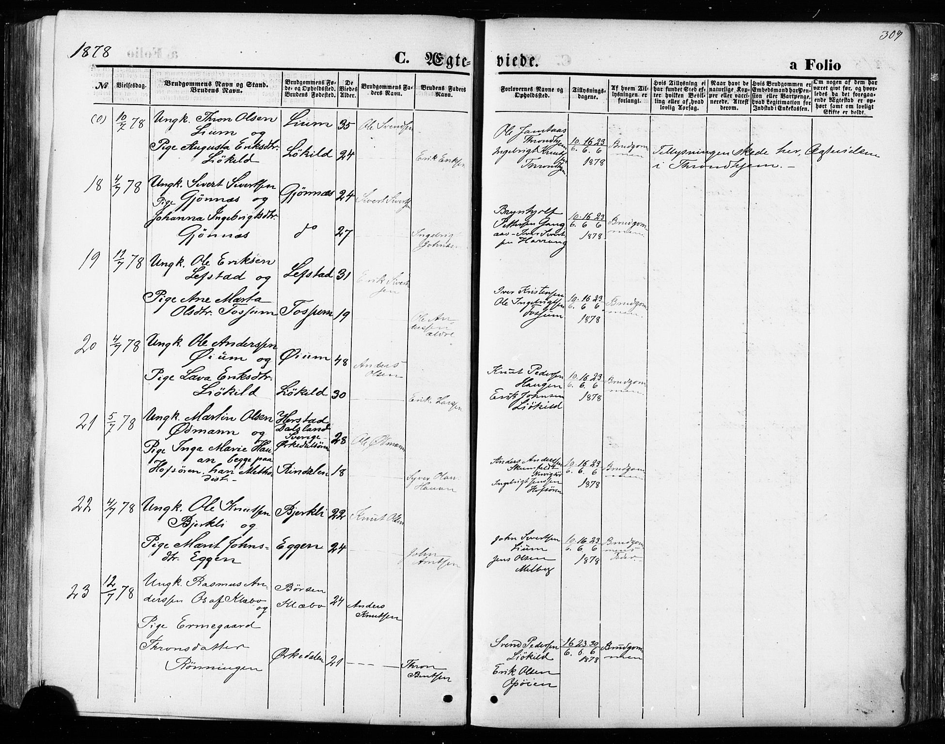 Ministerialprotokoller, klokkerbøker og fødselsregistre - Sør-Trøndelag, AV/SAT-A-1456/668/L0807: Parish register (official) no. 668A07, 1870-1880, p. 309