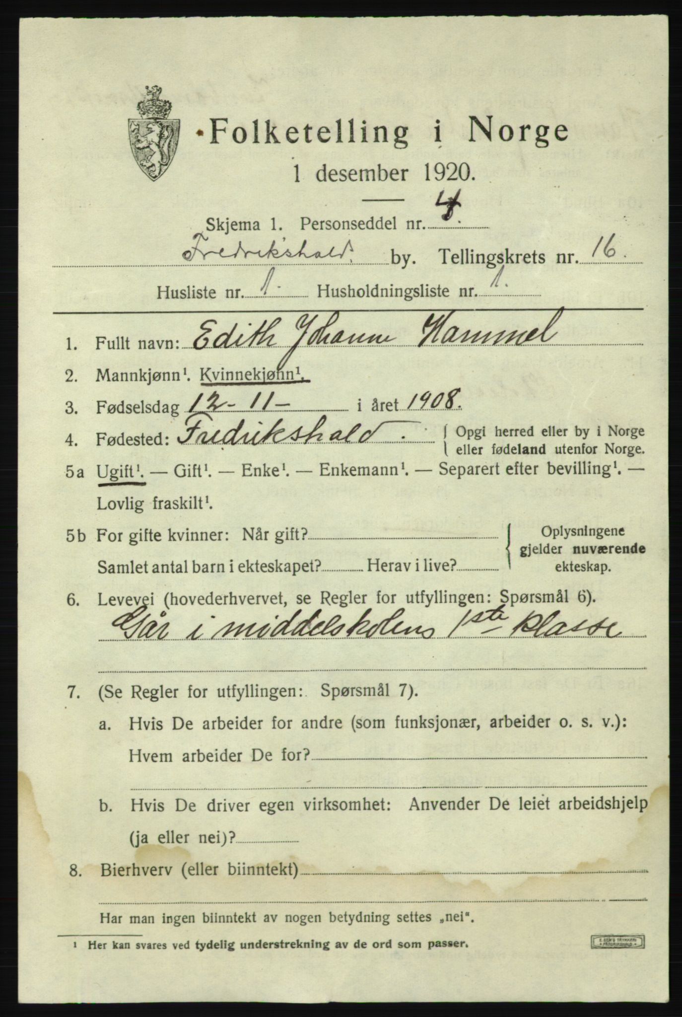 SAO, 1920 census for Fredrikshald, 1920, p. 24739