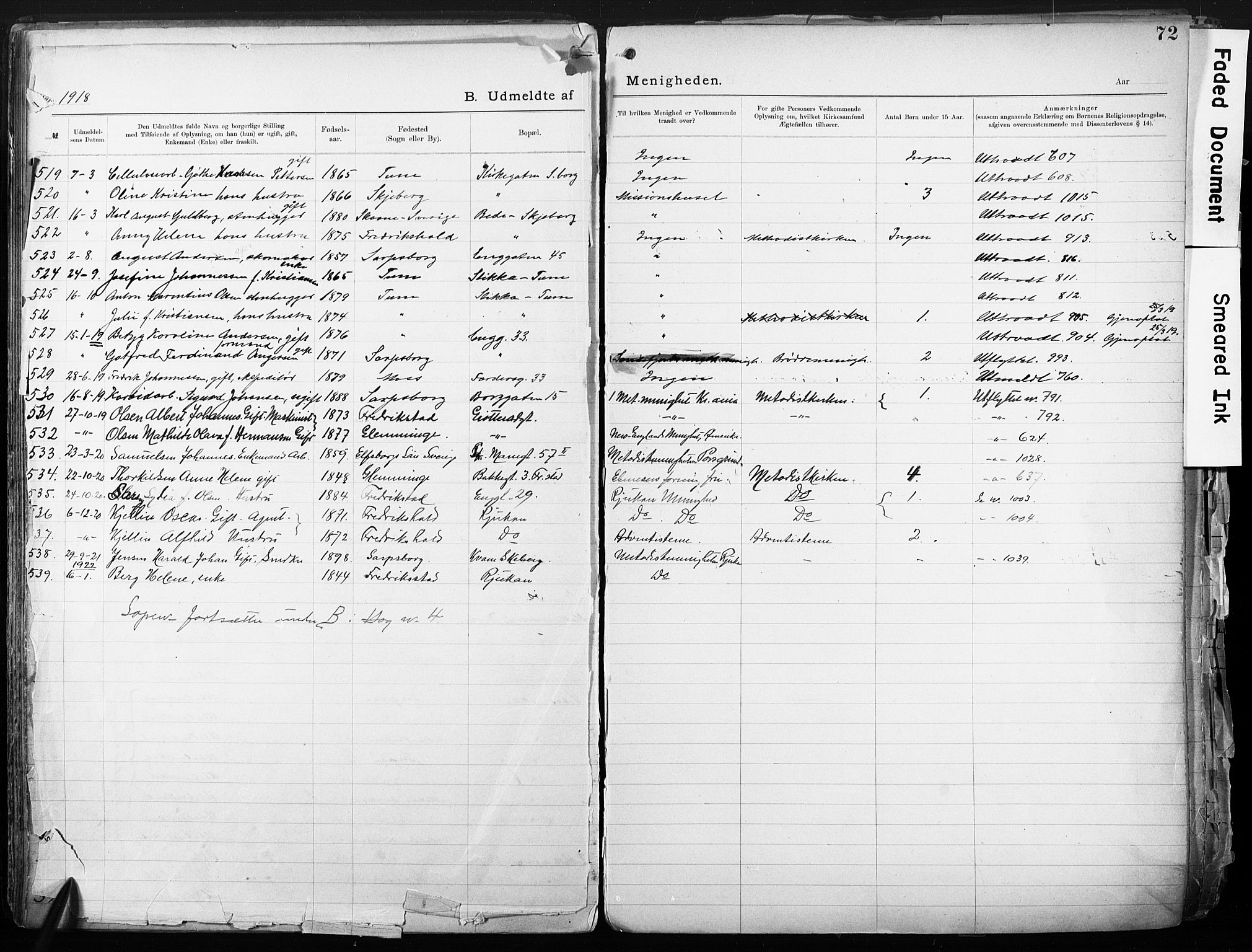 Sarpsborg metodistkirke, SAO/PAO-0233/A/L0004: Dissenter register no. 4, 1892-1923, p. 72