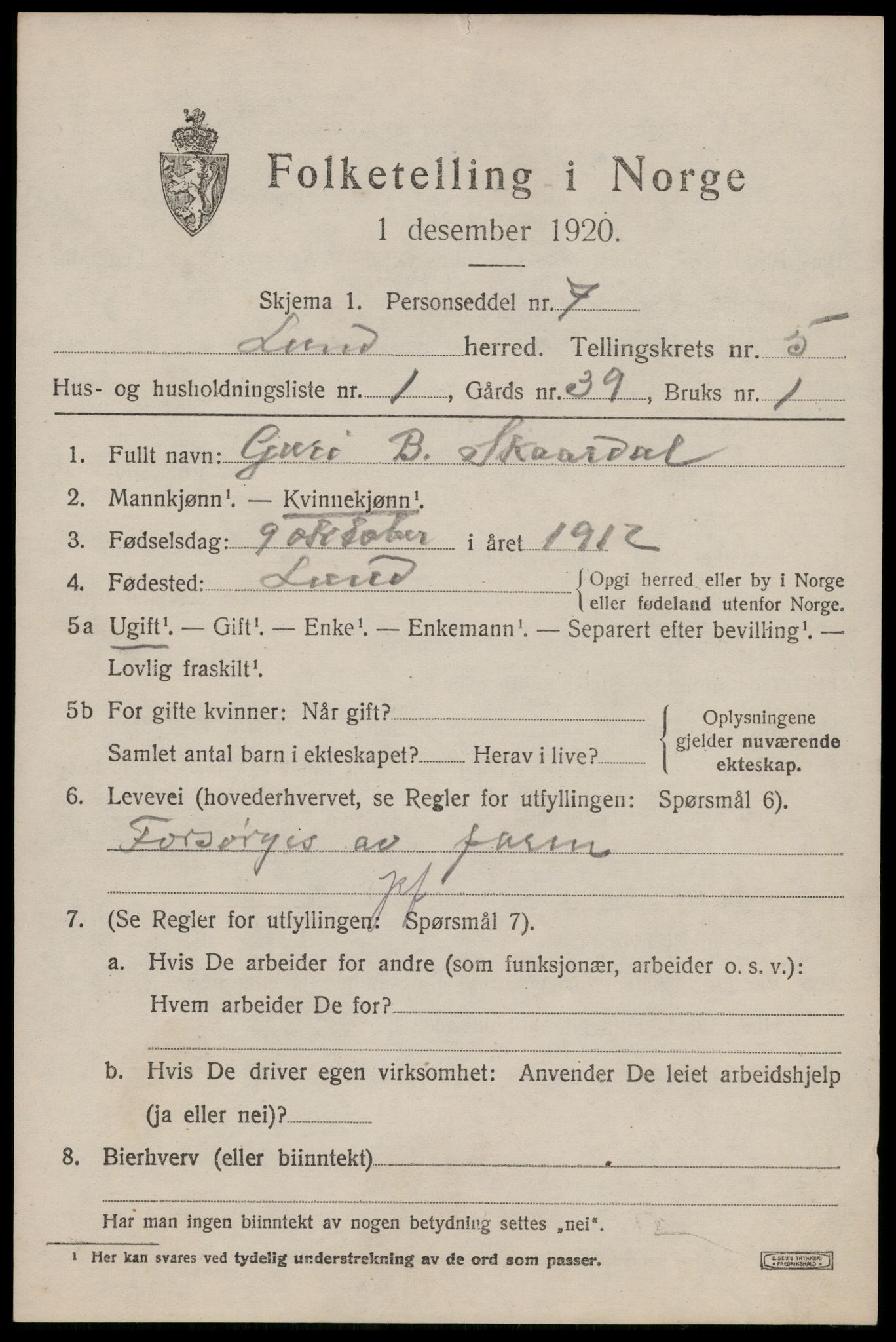 SAST, 1920 census for Lund, 1920, p. 3144