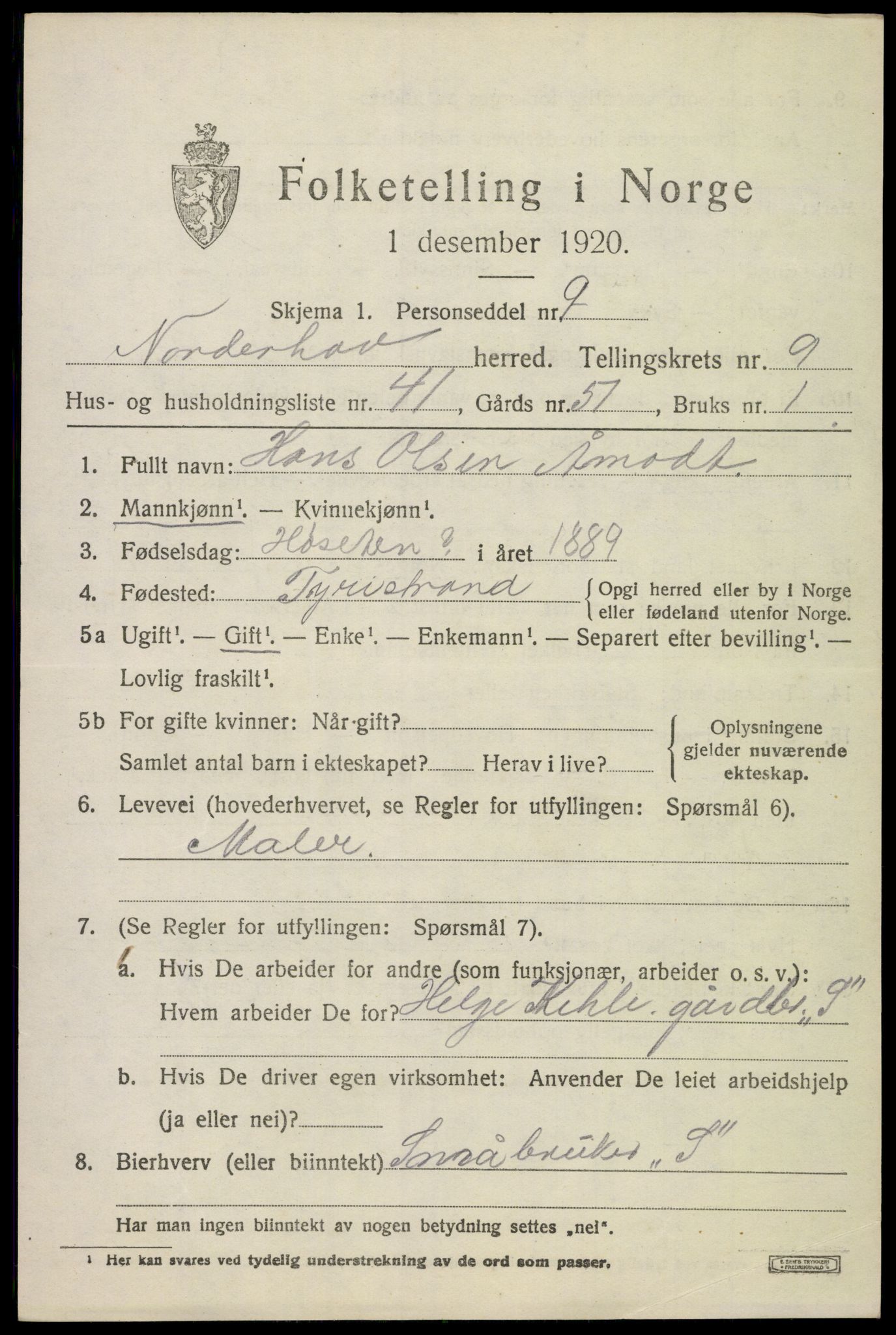 SAKO, 1920 census for Norderhov, 1920, p. 11663