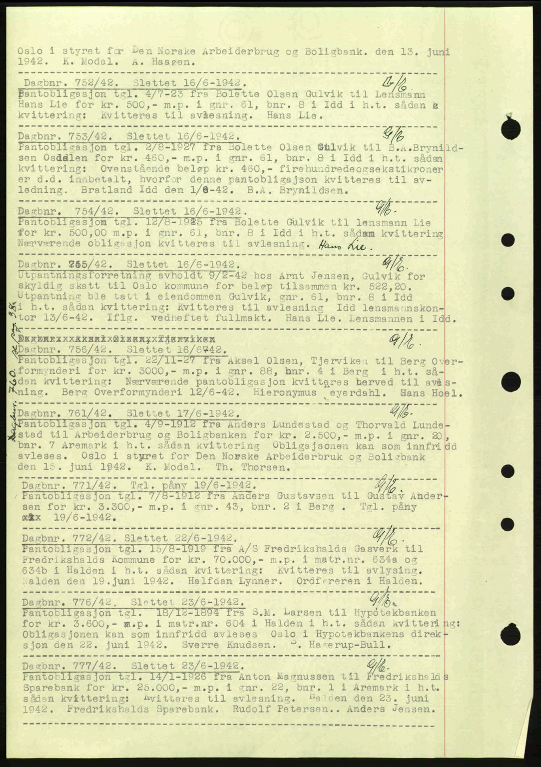 Idd og Marker sorenskriveri, AV/SAO-A-10283/G/Gb/Gbc/L0002: Mortgage book no. B4-9a, 1939-1945, Diary no: : 752/1942