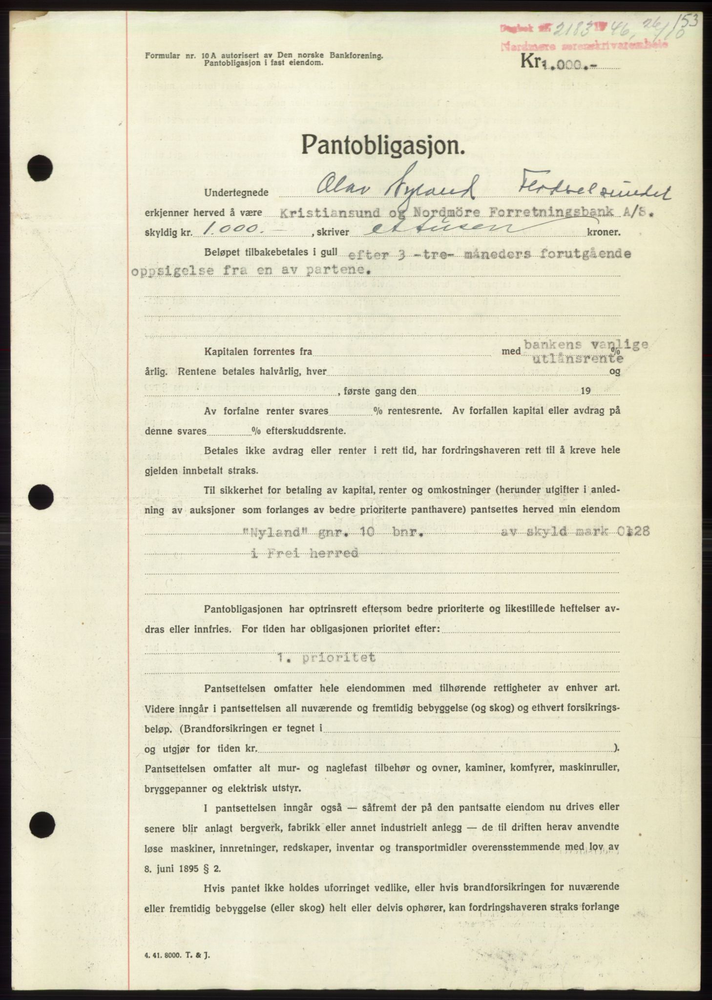 Nordmøre sorenskriveri, AV/SAT-A-4132/1/2/2Ca: Mortgage book no. B95, 1946-1947, Diary no: : 2183/1946