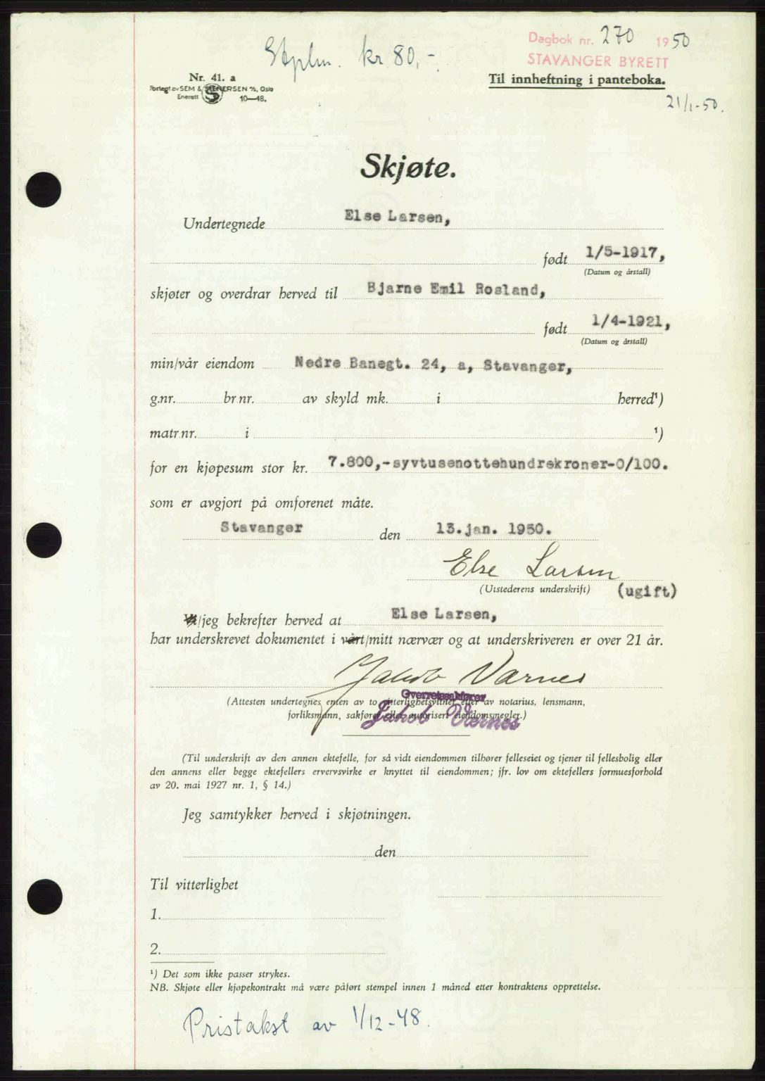 Stavanger byrett, SAST/A-100455/002/G/Gb/L0024: Mortgage book no. A13, 1949-1950, Diary no: : 270/1950