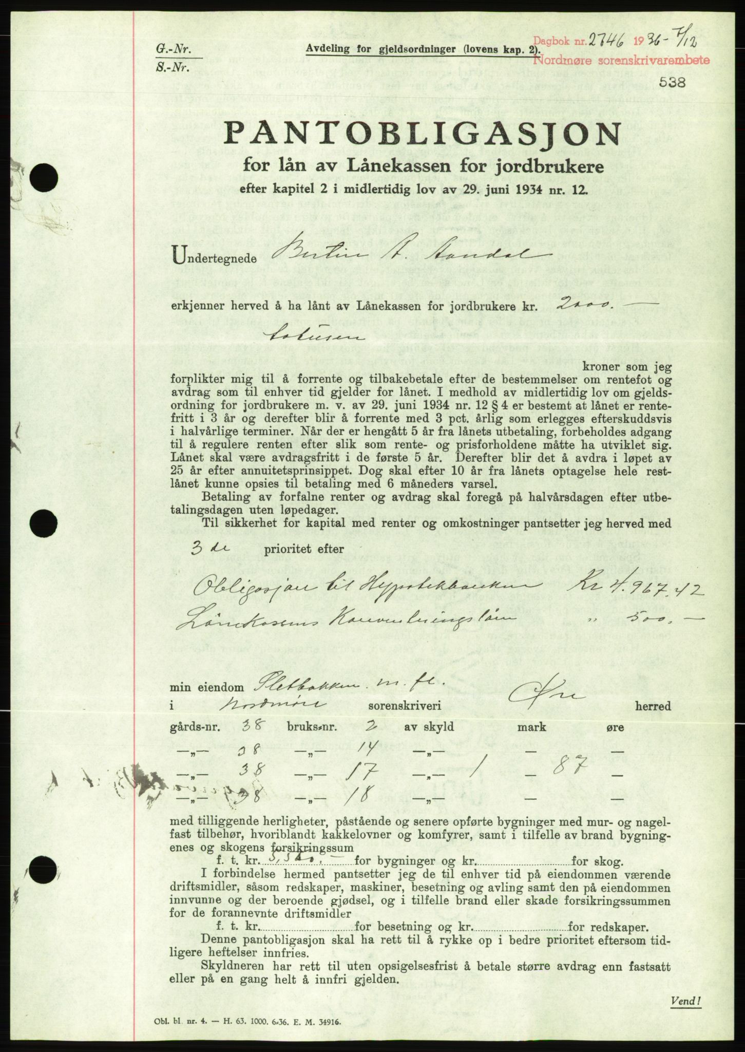 Nordmøre sorenskriveri, AV/SAT-A-4132/1/2/2Ca/L0090: Mortgage book no. B80, 1936-1937, Diary no: : 2746/1936