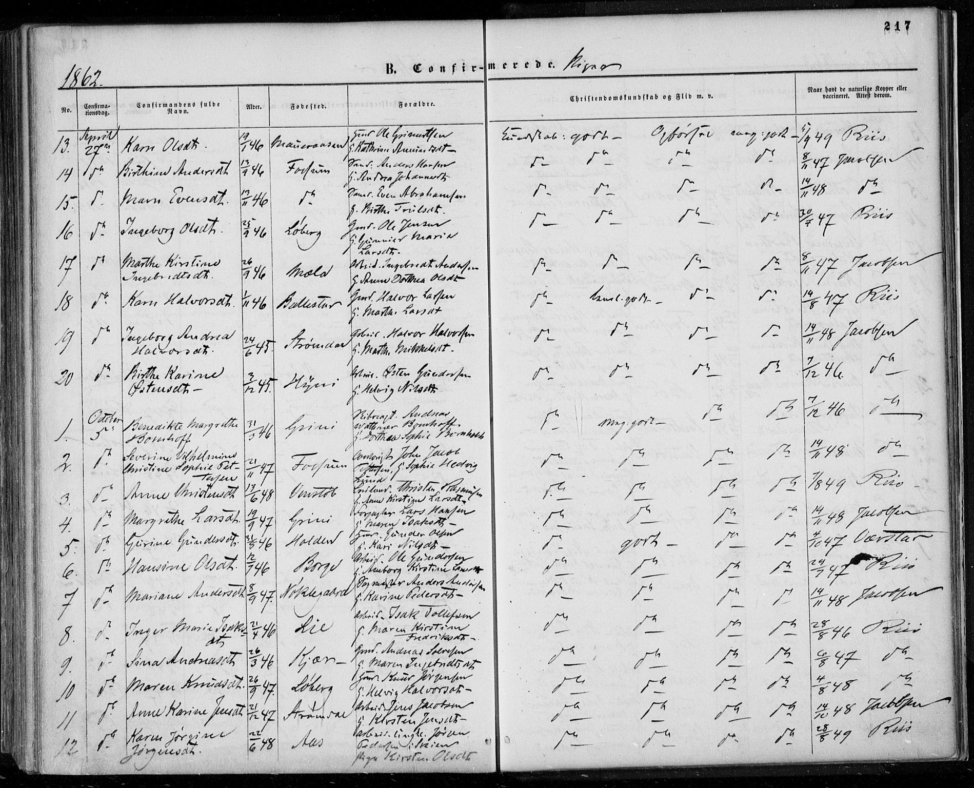 Gjerpen kirkebøker, SAKO/A-265/F/Fa/L0008a: Parish register (official) no. I 8A, 1857-1871, p. 217