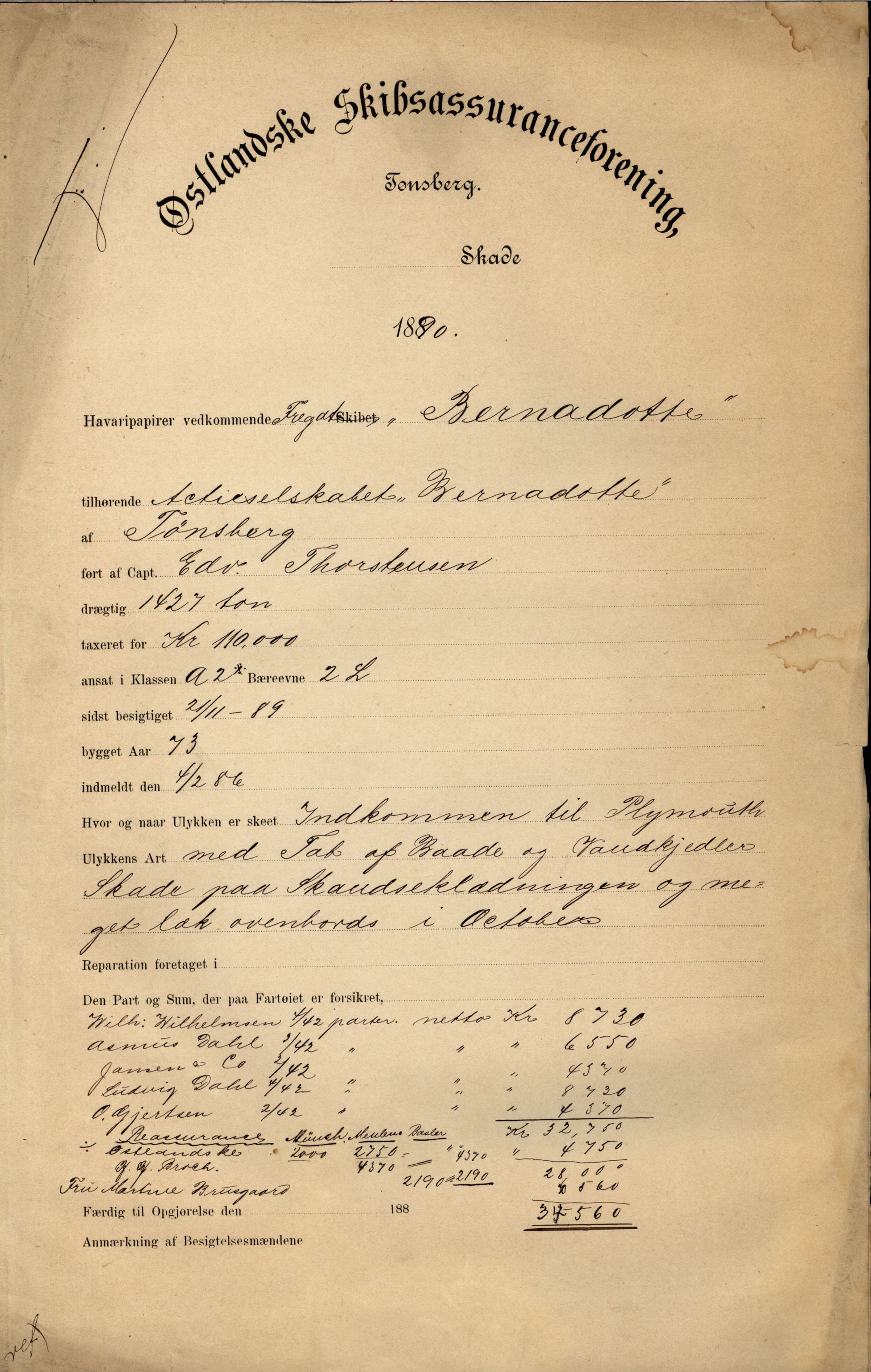 Pa 63 - Østlandske skibsassuranceforening, VEMU/A-1079/G/Ga/L0026/0008: Havaridokumenter / Bernadotte, Bardeu, Augustinus, Atlanta, Arne, 1890, p. 1