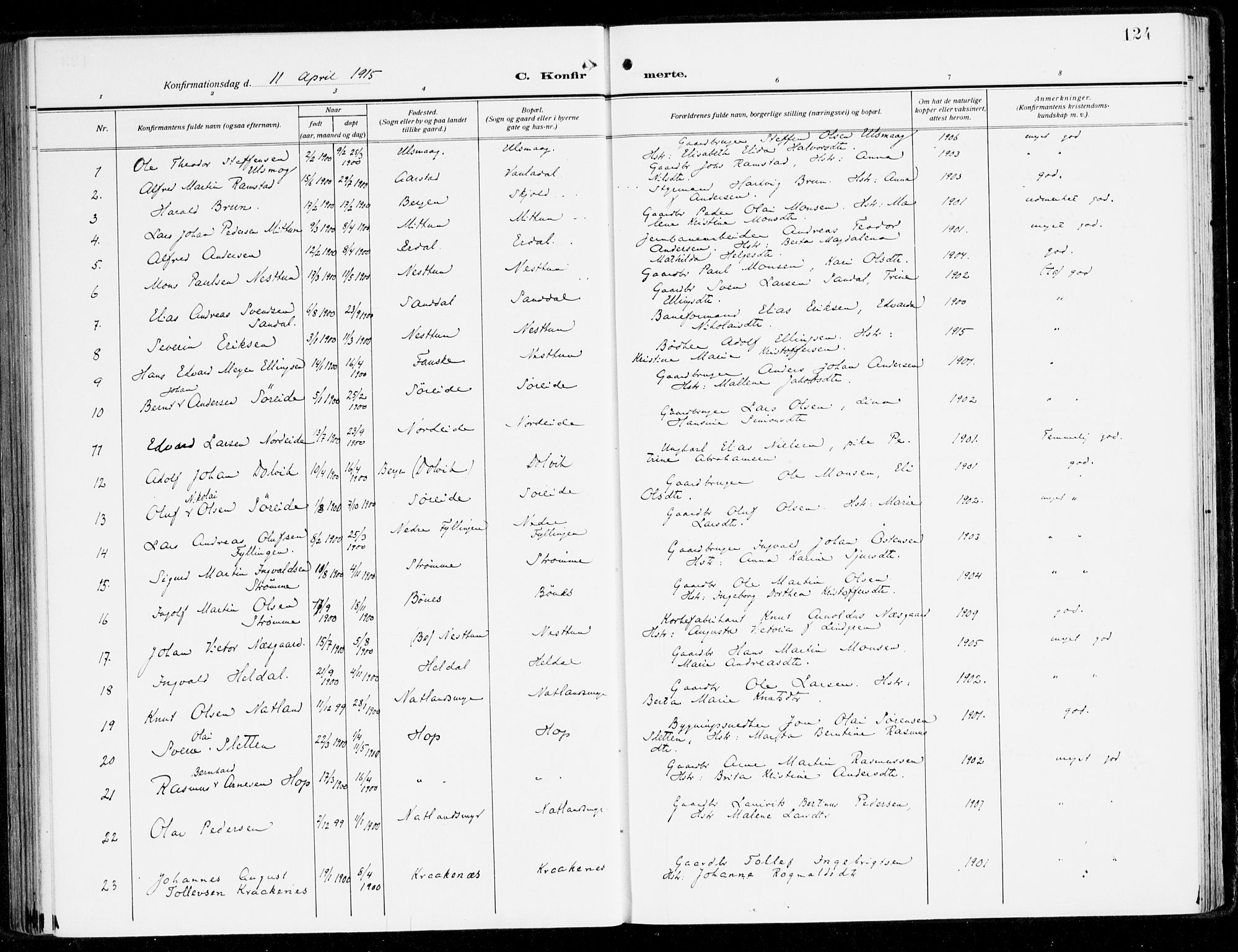 Fana Sokneprestembete, SAB/A-75101/H/Haa/Haai/L0004: Parish register (official) no. I 4, 1912-1933, p. 124