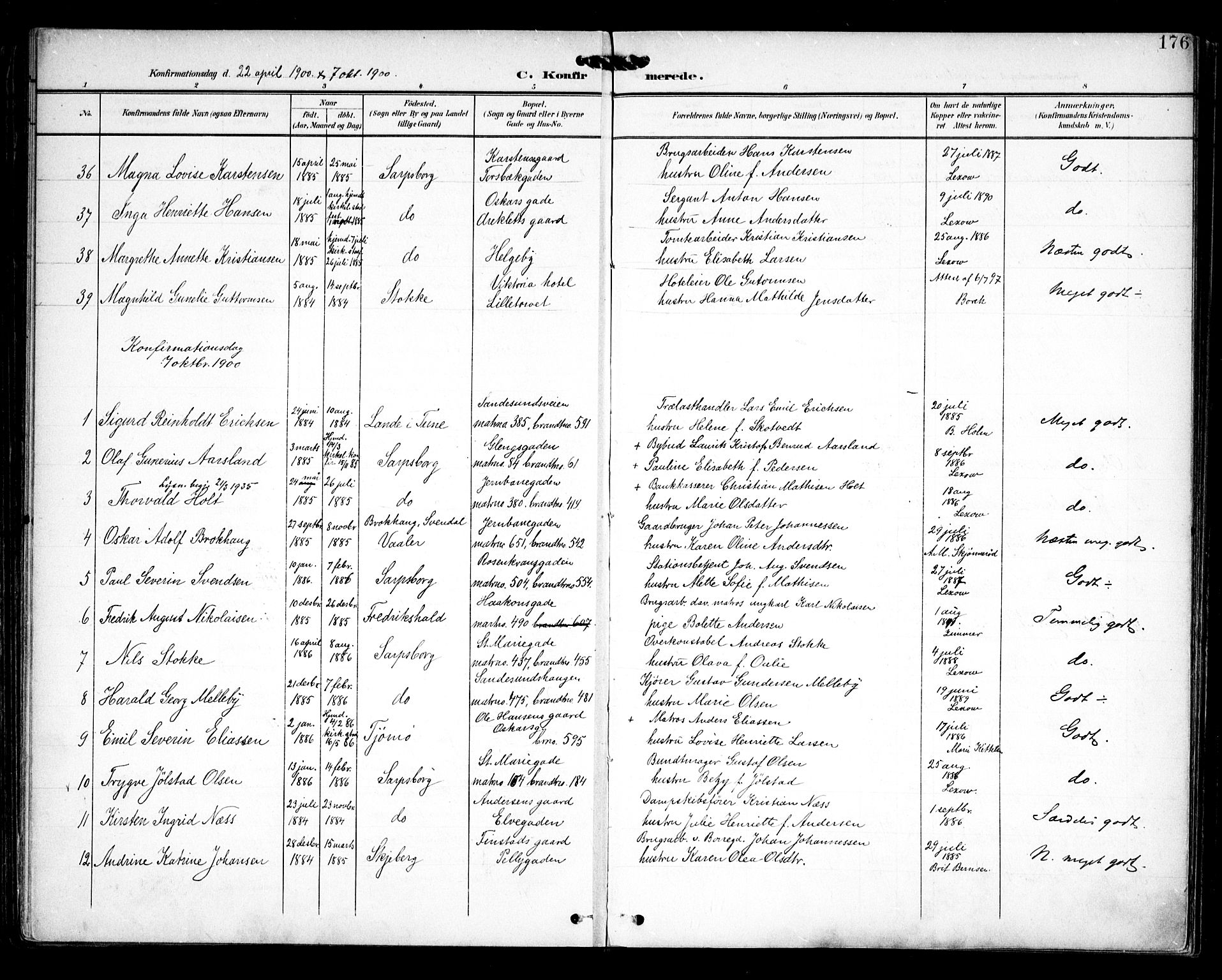 Sarpsborg prestekontor Kirkebøker, AV/SAO-A-2006/F/Fa/L0005: Parish register (official) no. 5, 1900-1909, p. 176