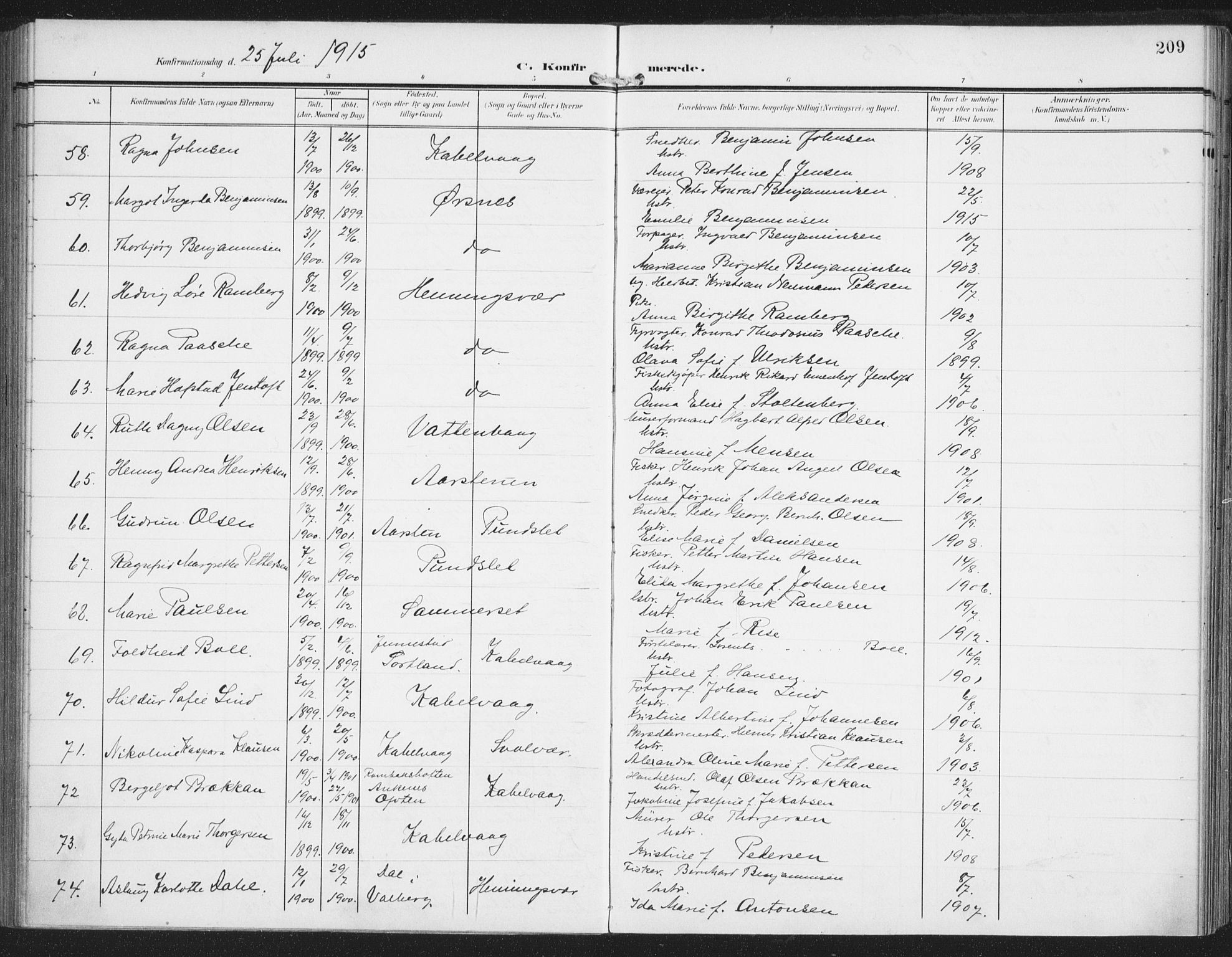 Ministerialprotokoller, klokkerbøker og fødselsregistre - Nordland, AV/SAT-A-1459/874/L1063: Parish register (official) no. 874A07, 1907-1915, p. 209