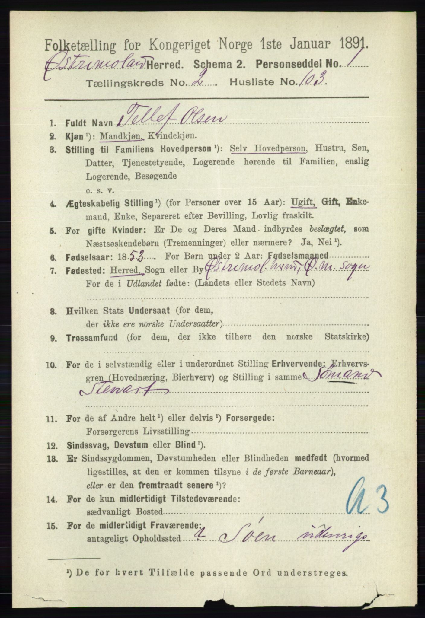 RA, 1891 census for 0918 Austre Moland, 1891, p. 1287