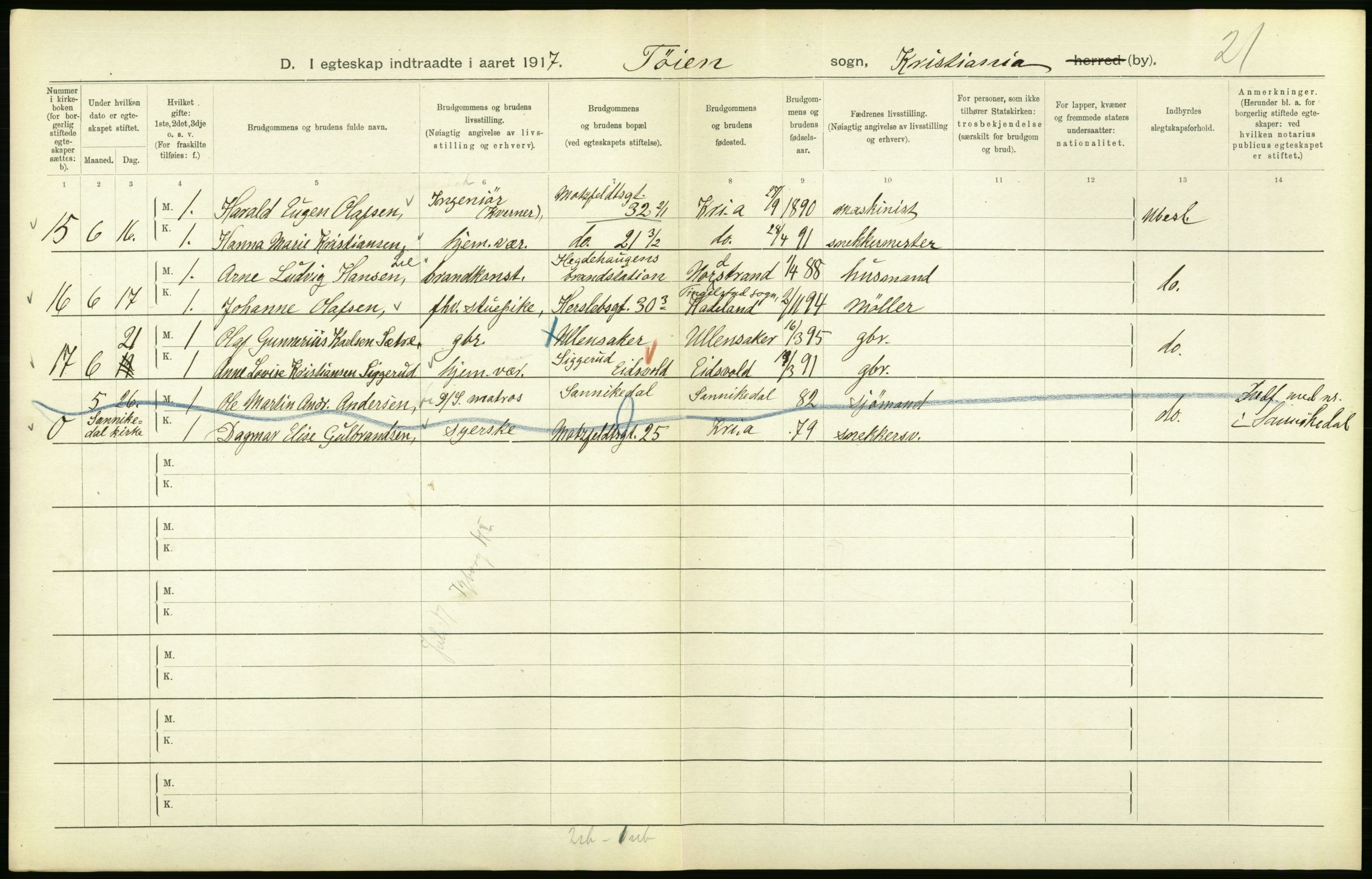 Statistisk sentralbyrå, Sosiodemografiske emner, Befolkning, AV/RA-S-2228/D/Df/Dfb/Dfbg/L0009: Kristiania: Gifte, 1917, p. 324