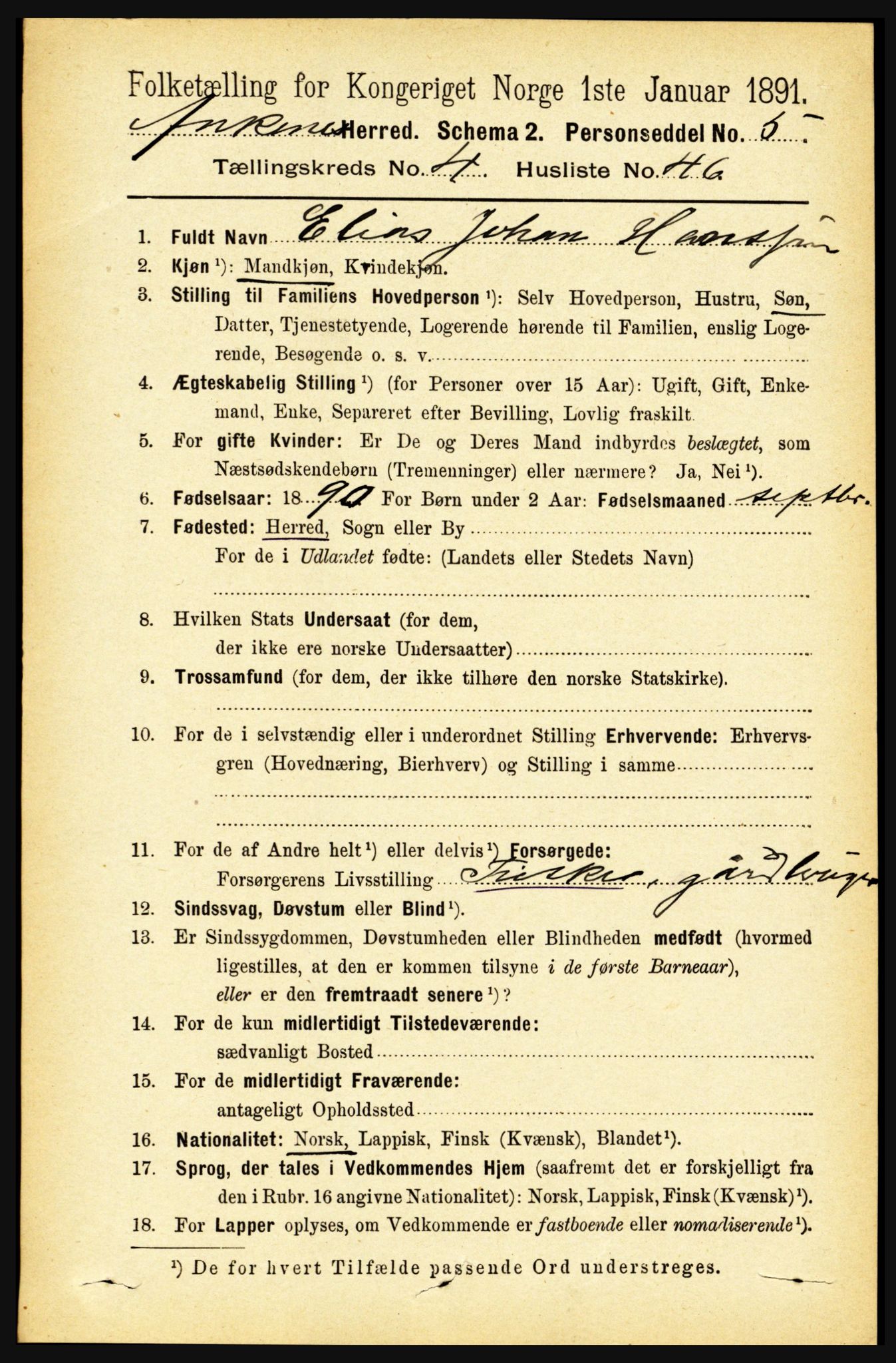 RA, 1891 census for 1855 Ankenes, 1891, p. 2620